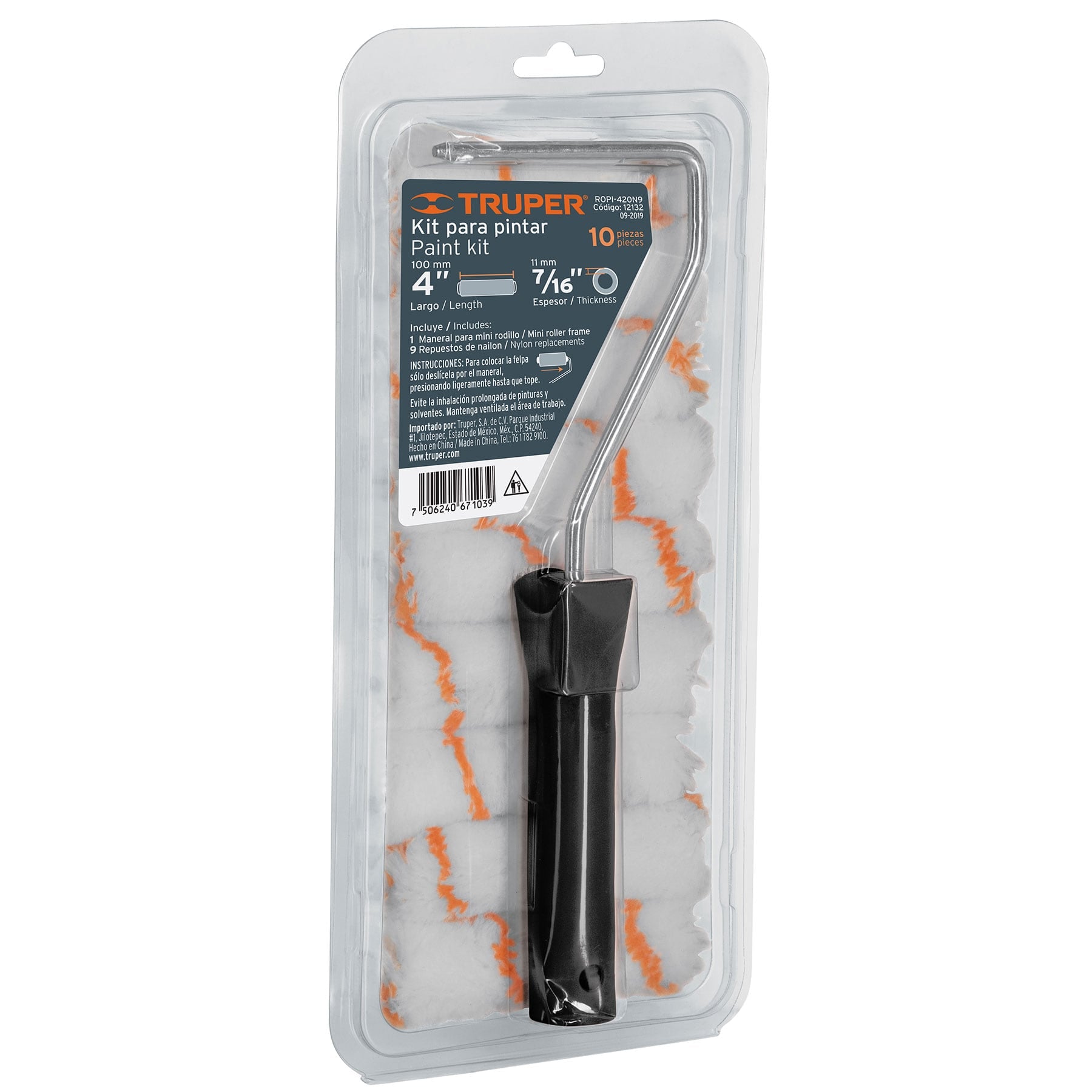 Truper ROPI-420N9 Kit 9 repuestos de mini rodillos de 4' y 1 maneral