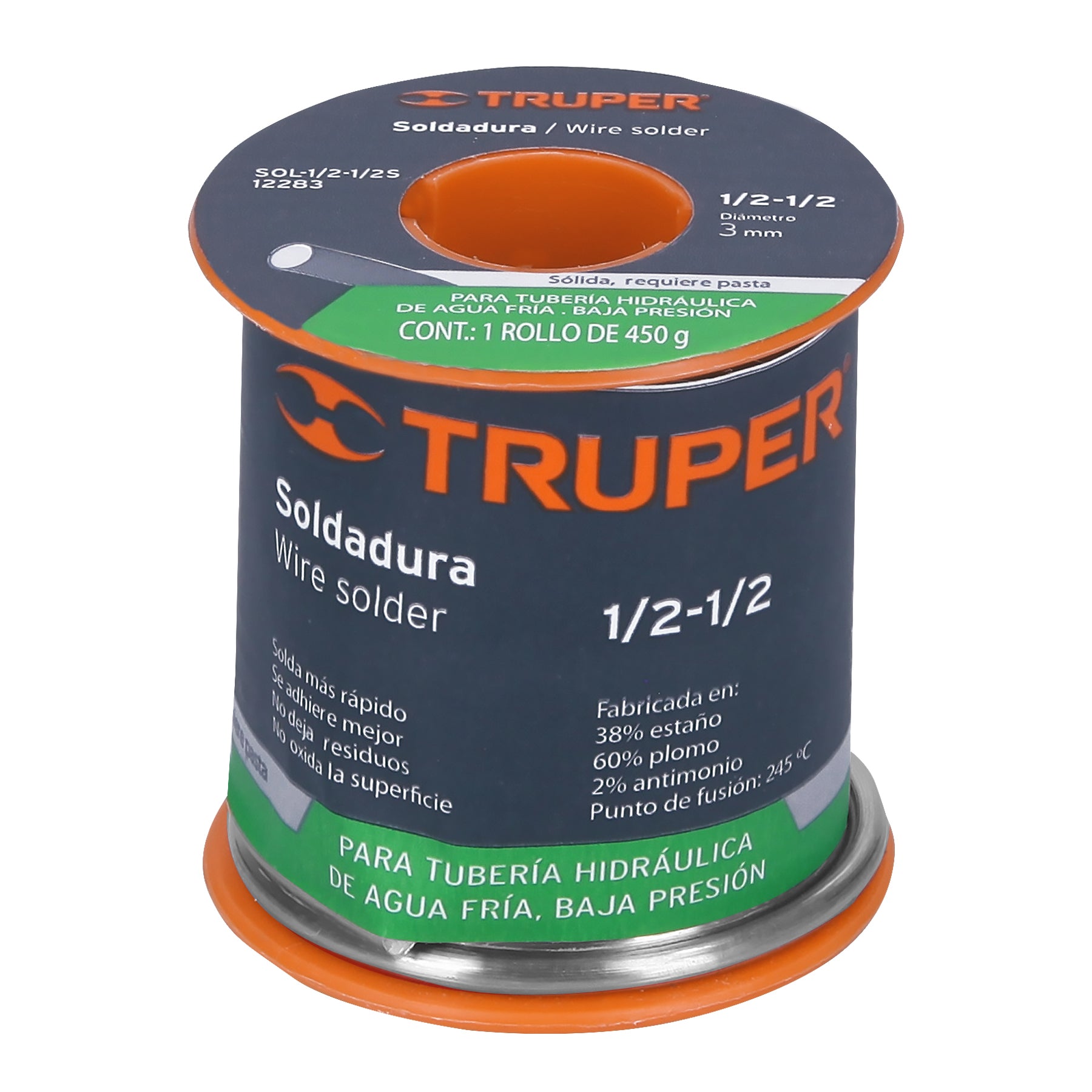 Truper SOL-1/2-1/2S Soldadura sólida 1/2-1/2 para tubería de baja presión, 450 g