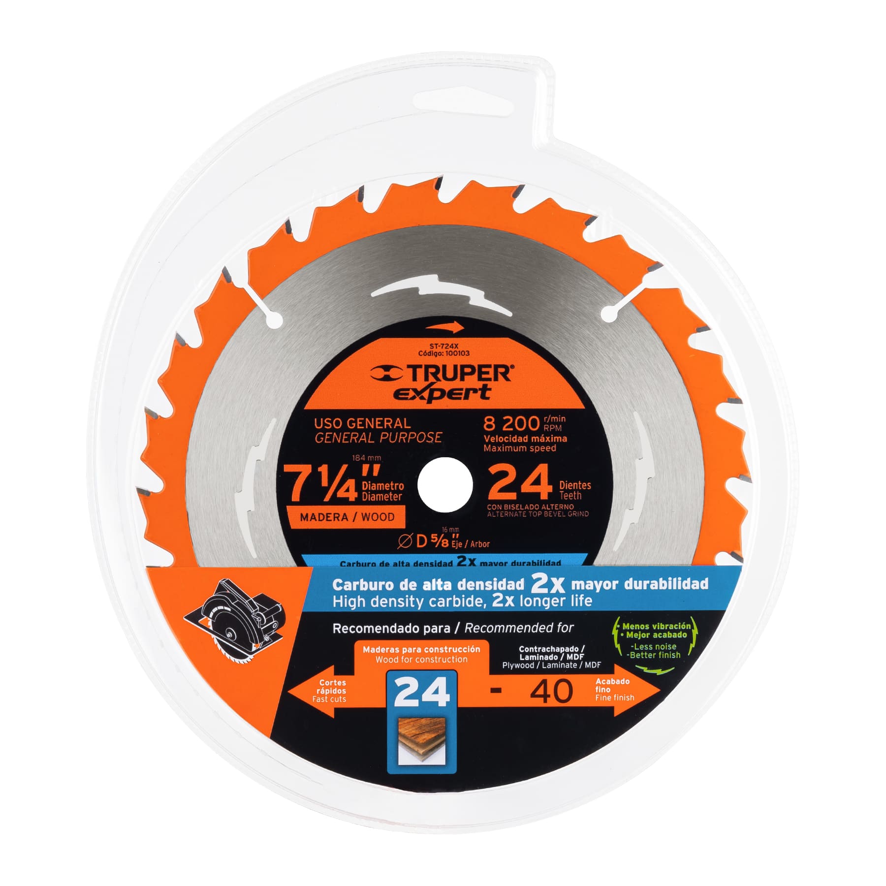 Expert ST-724X Disco sierra 7-1/4' p/madera, 24 dientes centro 5/8'