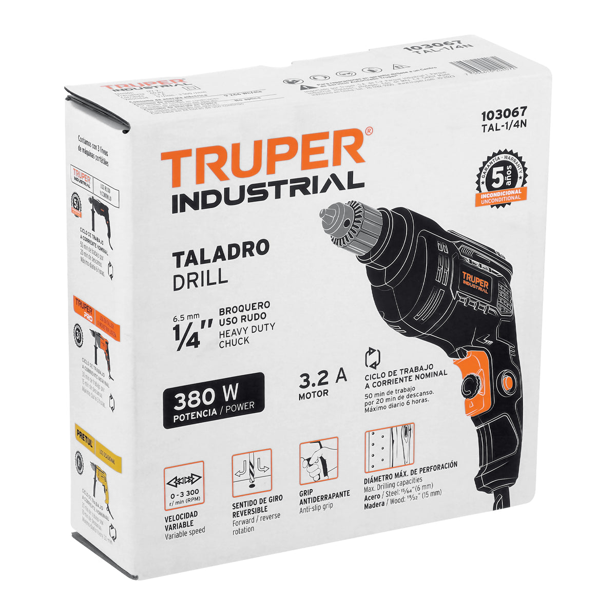 Taladro 1/4", 380W, TRUPER INDUSTRIAL