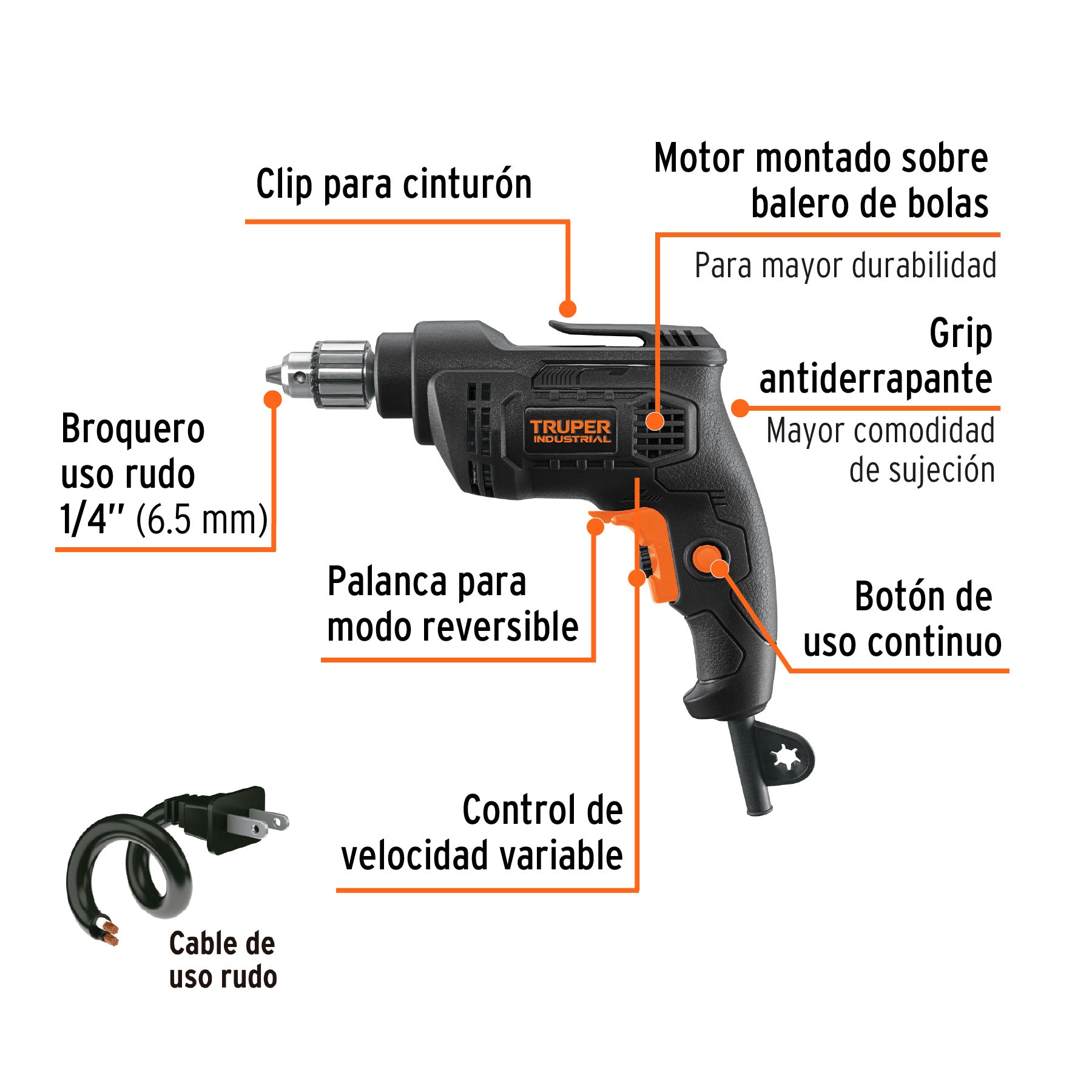 Taladro 1/4", 380W, TRUPER INDUSTRIAL