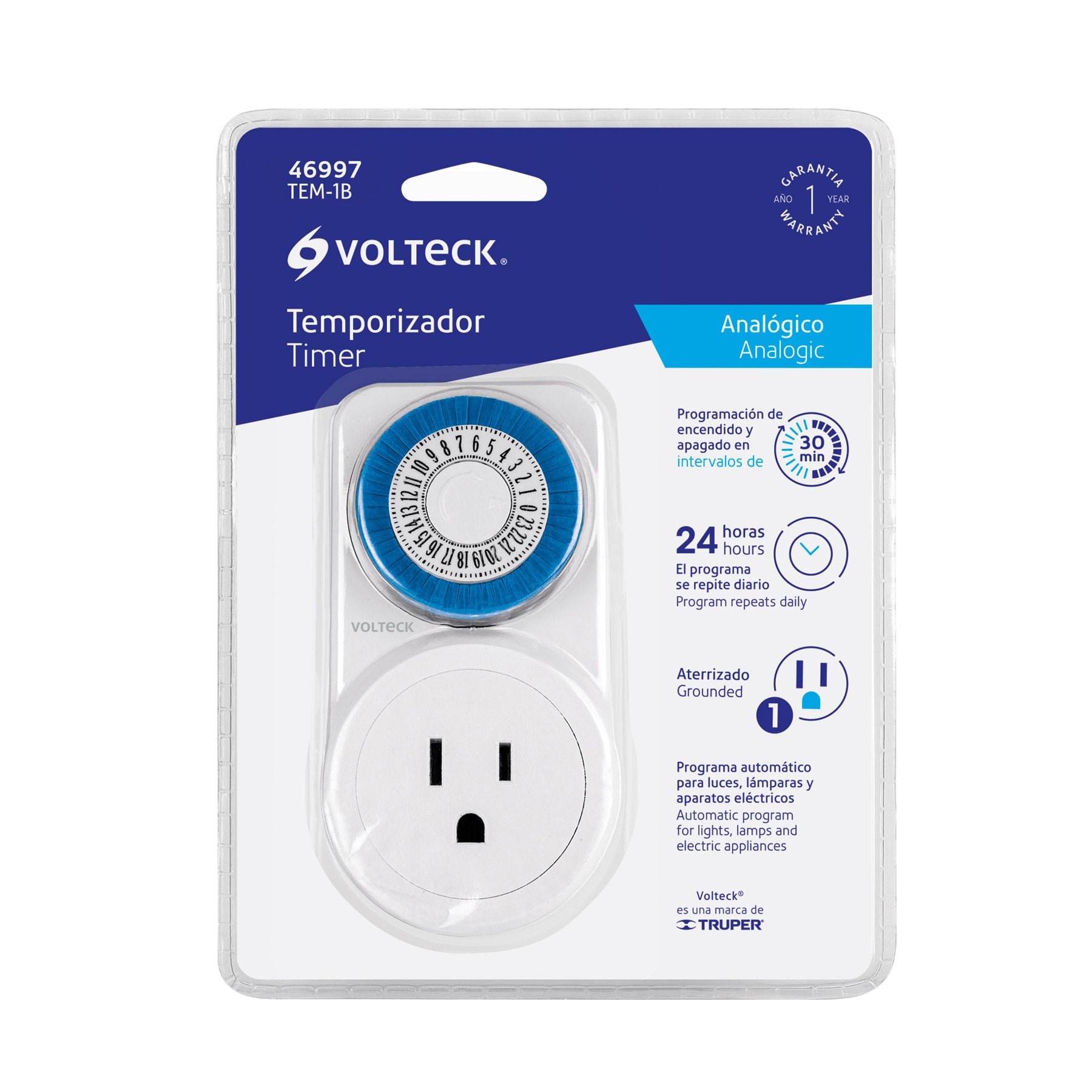 Volteck TEM-1B Temporizador analógico 1 evento, intervalos de 30 min.
