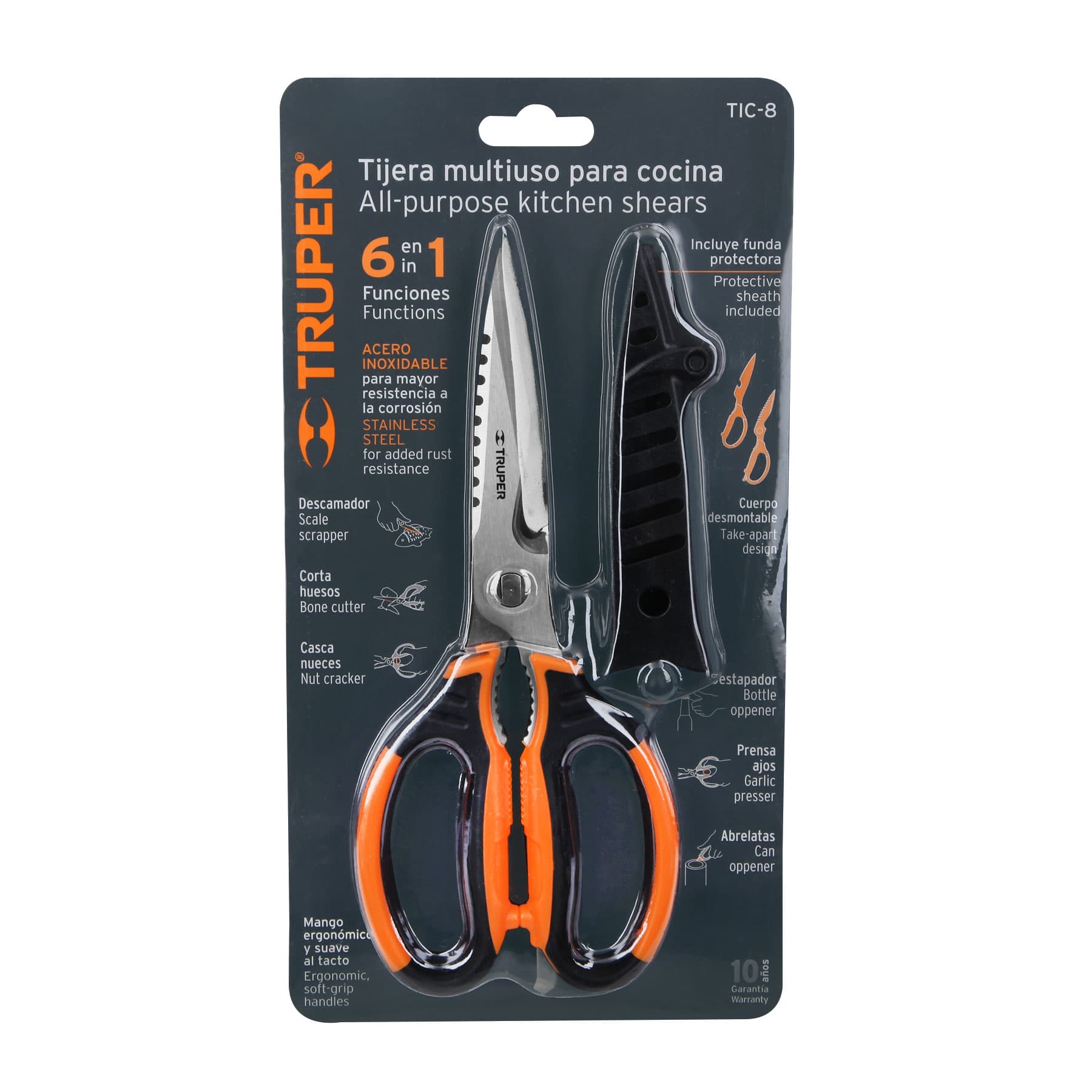 Truper TIC-8 Tijera 8' multiusos de acero inoxidable p/cocina, mango TPR