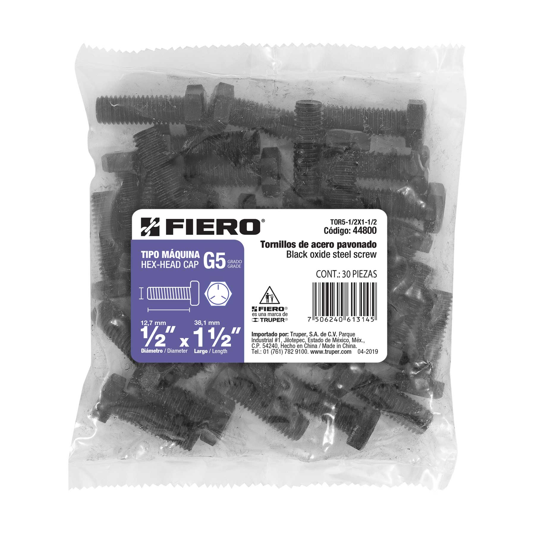 Fiero TOR5-1/2X1-1/2 Bolsa con 30 tornillos 1/2' x 1-1/2' de acero, grado 5