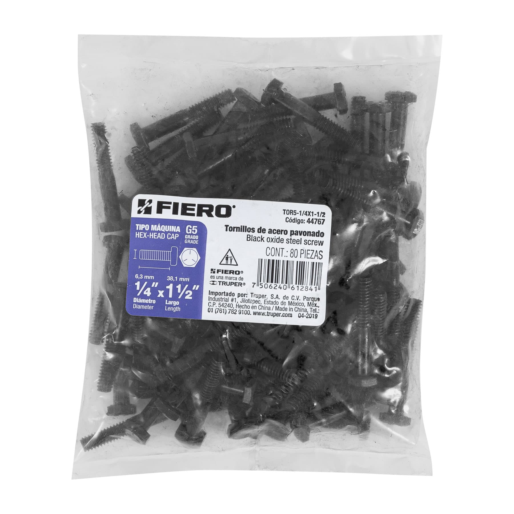 Fiero TOR5-1/4X1-1/2 Bolsa con 80 tornillos 1/4' x 1-1/2' de acero, grado 5