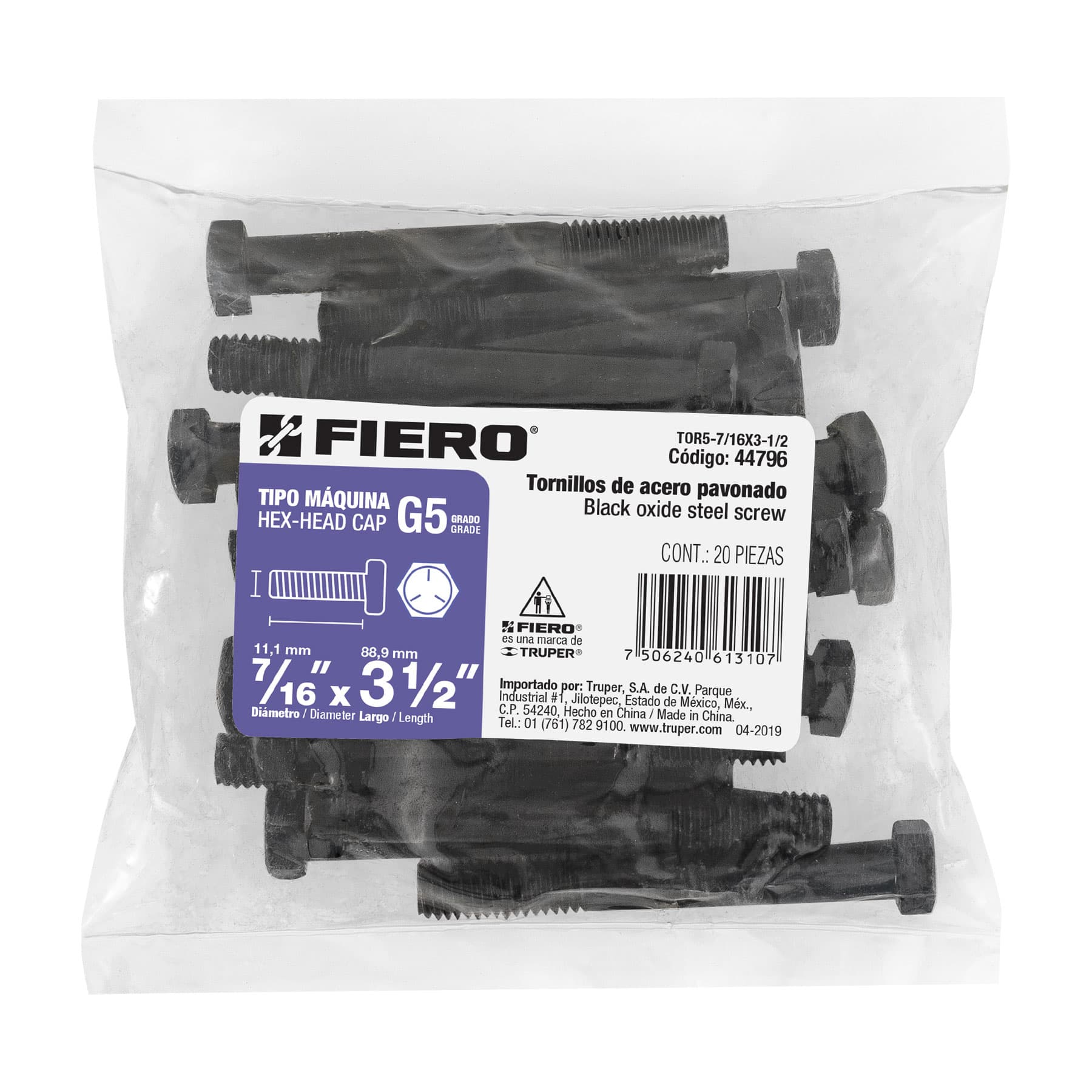 Fiero TOR5-7/16X3-1/2 Bolsa con 20 tornillos 7/16' x 3-1/2' de acero, grado 5