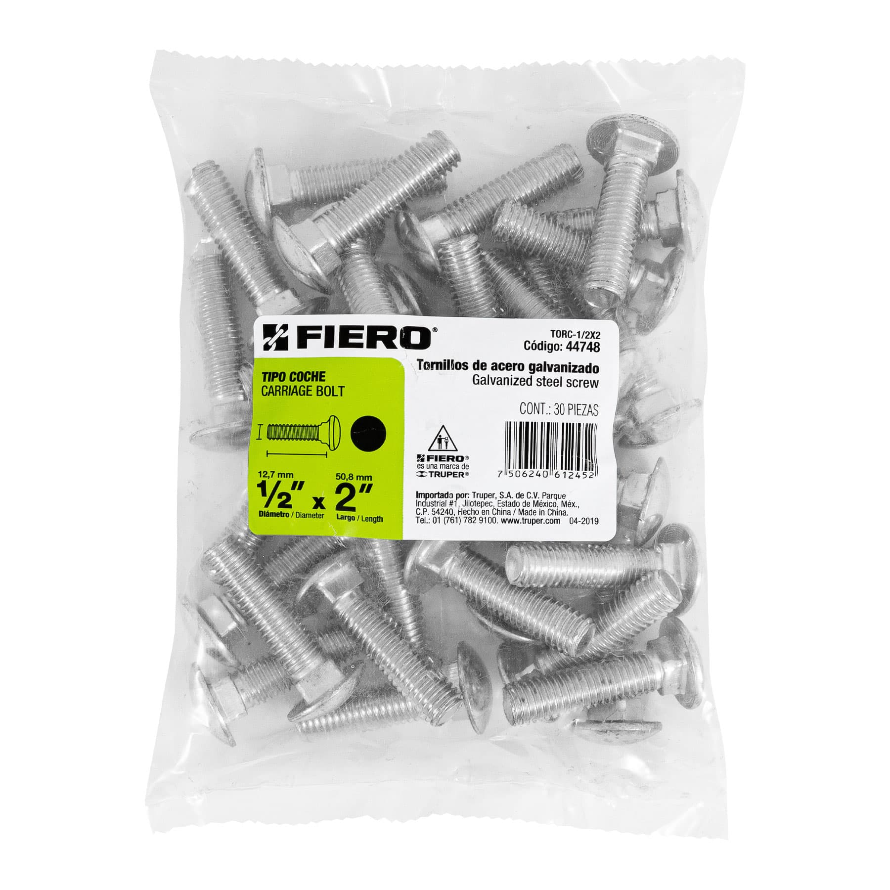 Fiero TORC-1/2X2 Tornillo tipo coche, 1/2 x 2', bolsa con 30 piezas