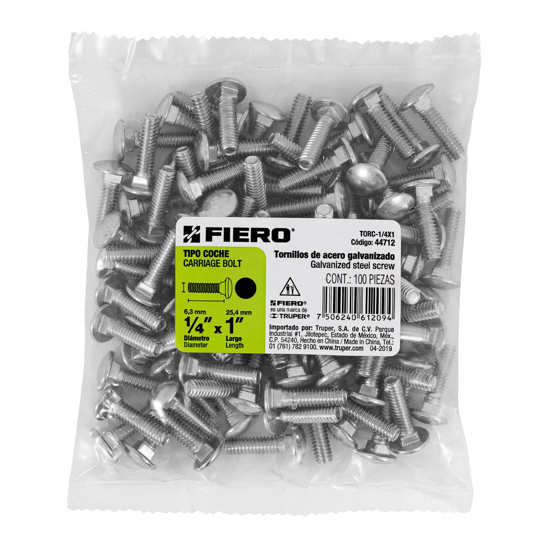 Fiero TORC-1/4X1 Bolsa con 100 tornillos 1/4' x 1' tipo coche