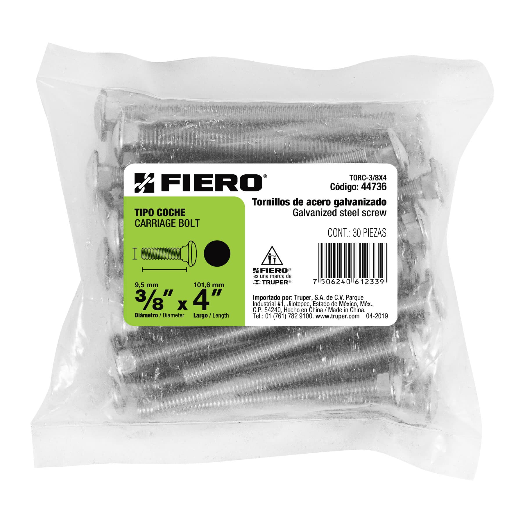 Fiero TORC-3/8X4 Bolsa con 30 tornillos 3/8' x 4' tipo coche