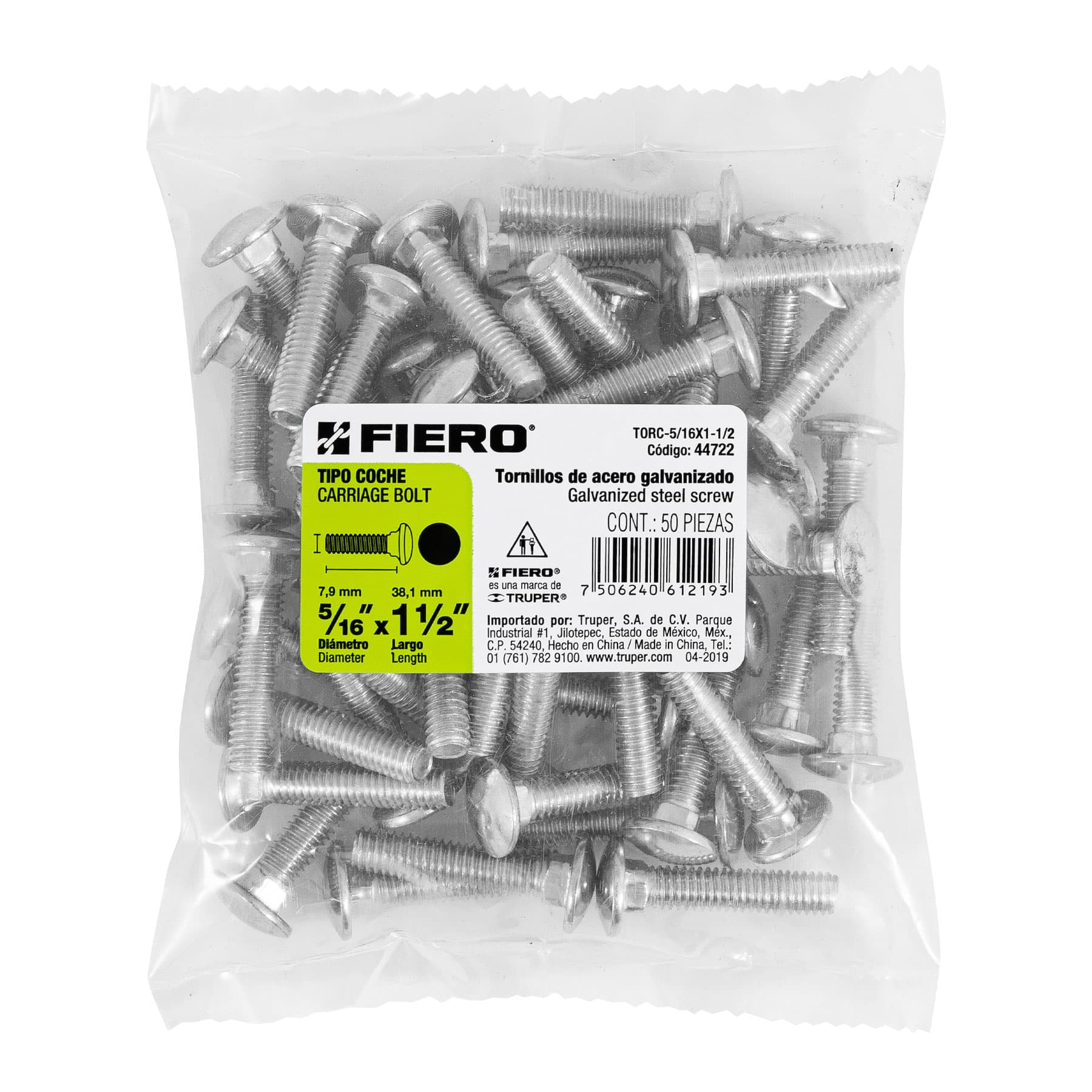 Fiero TORC-5/16X1-1/2 Tornillo tipo coche, 5/16 x 1-1/2', bolsa con 50 piezas