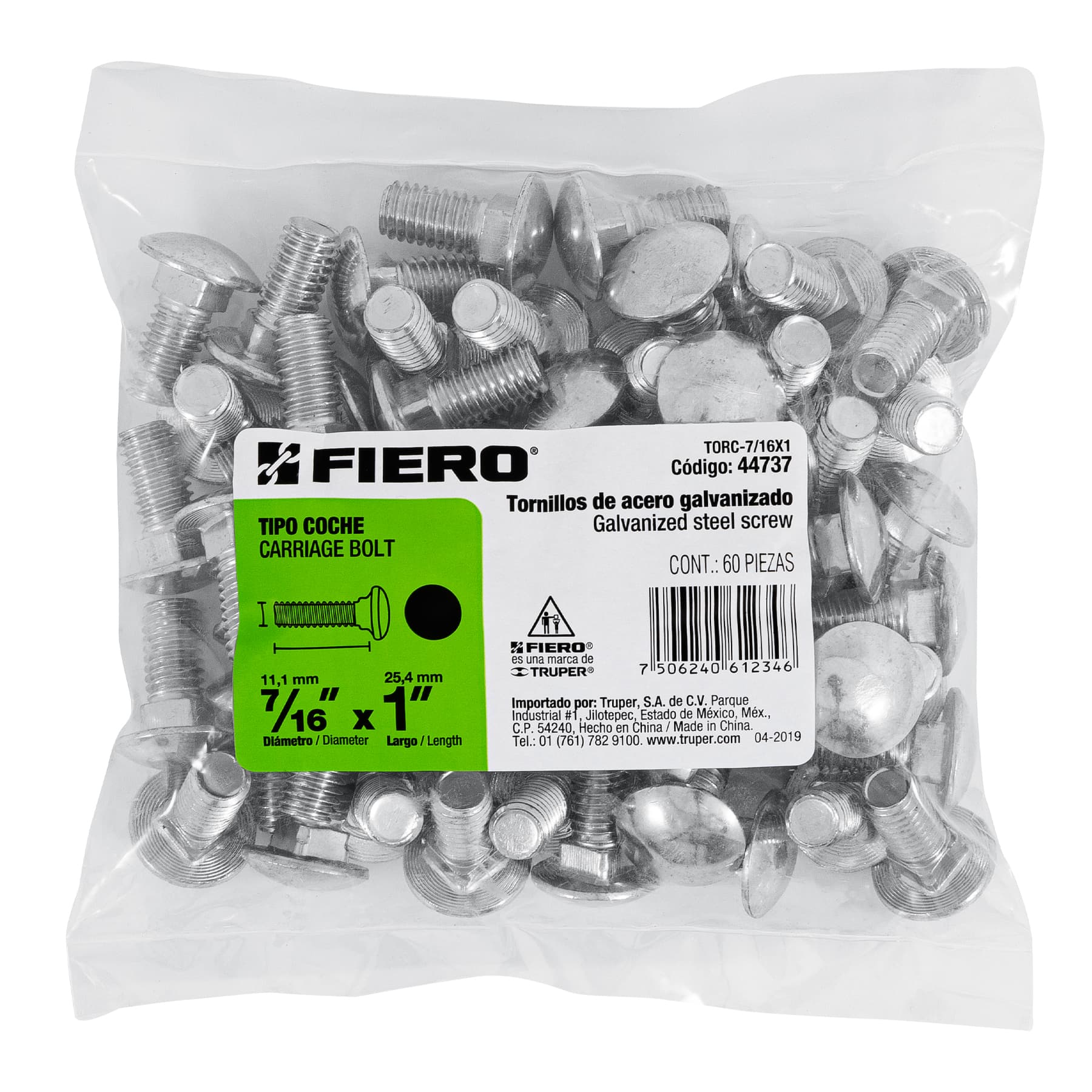 Fiero TORC-7/16X1 Bolsa con 60 tornillos 7/16' x 1' tipo coche