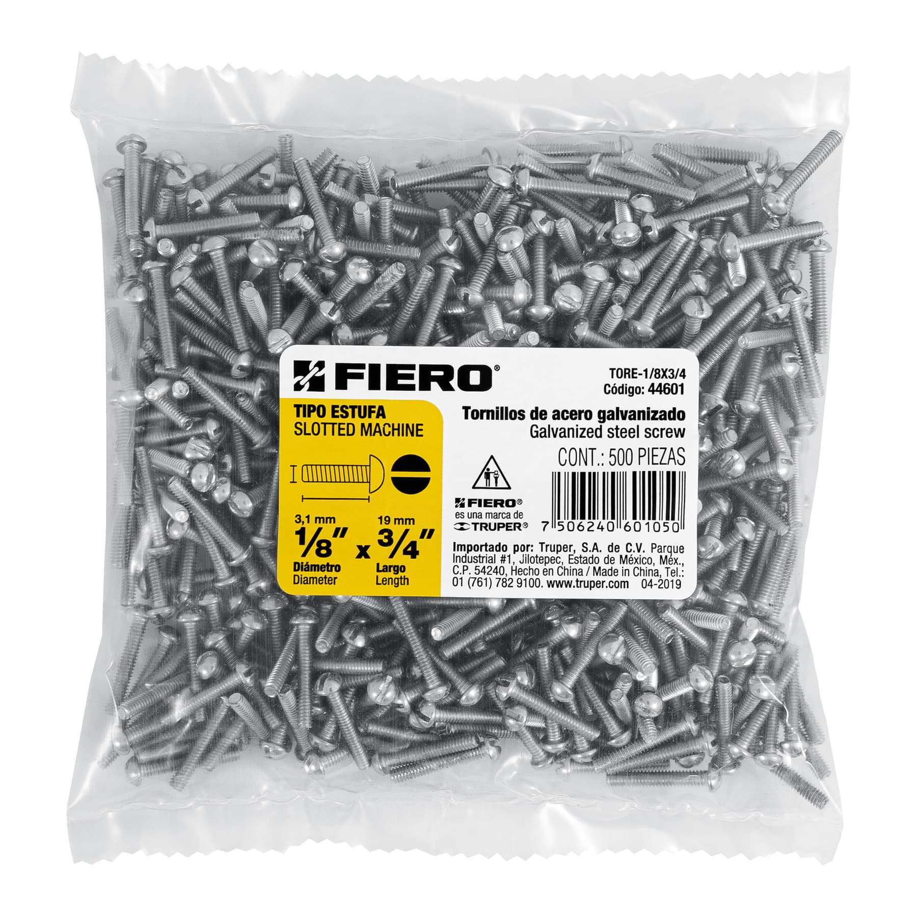 Fiero TORE-1/8X3/4 Bolsa con 500 tornillos 1/8' x 3/4' tipo estufa