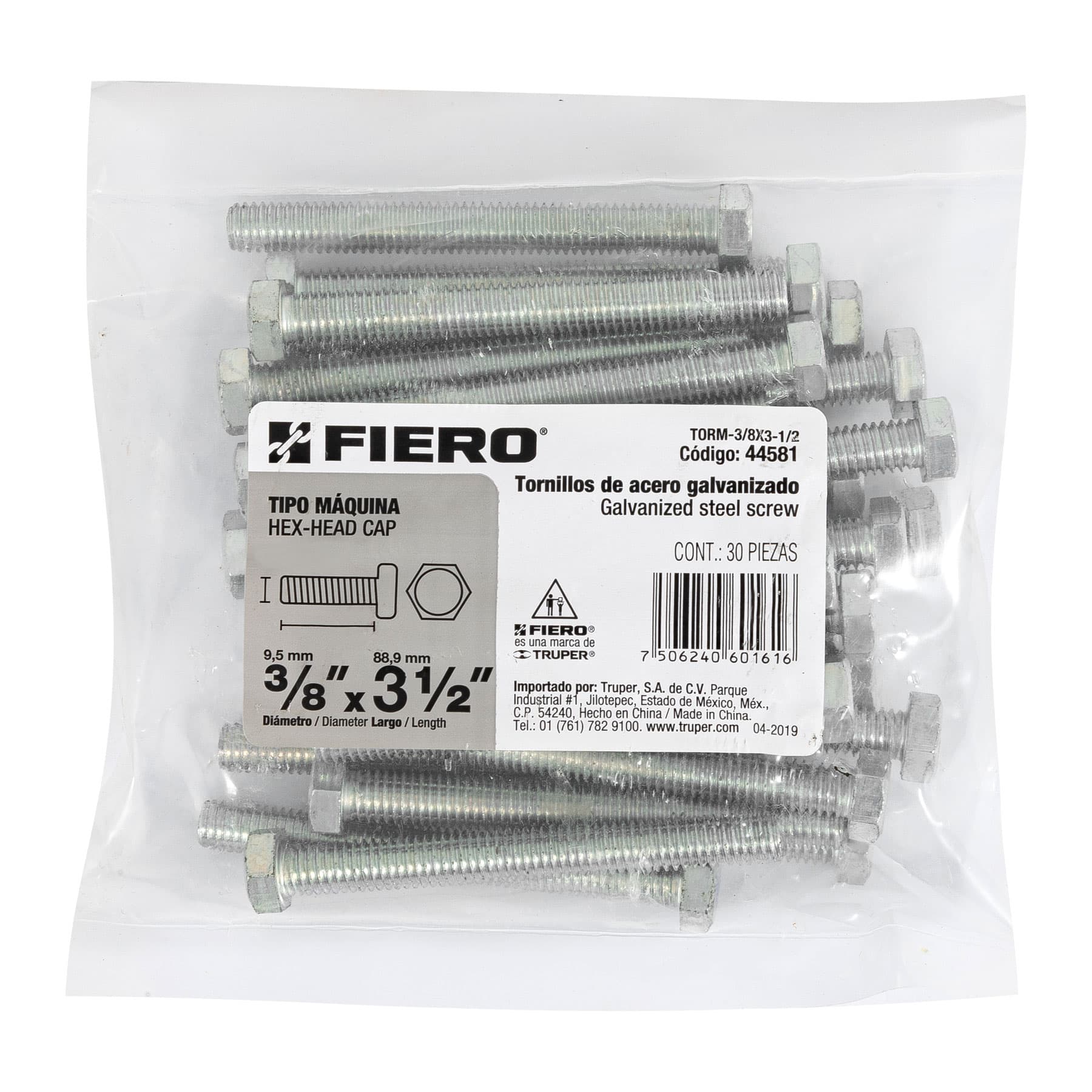 Fiero TORM-3/8X3-1/2 Bolsa con 30 tornillos 3/8' x 3-1/2' tipo máquina