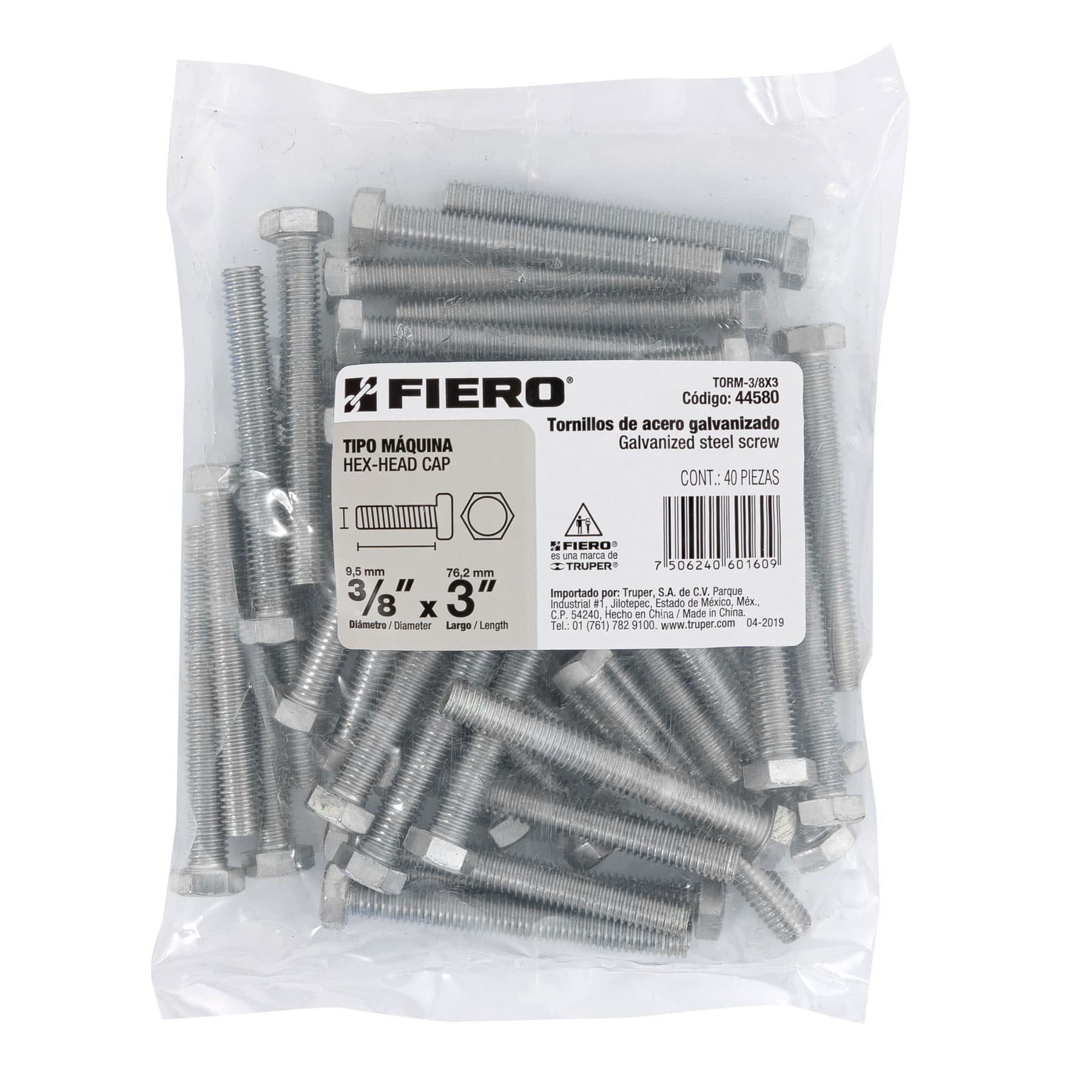 Fiero TORM-3/8X3 Bolsa con 40 tornillos 3/8' x 3' tipo máquina