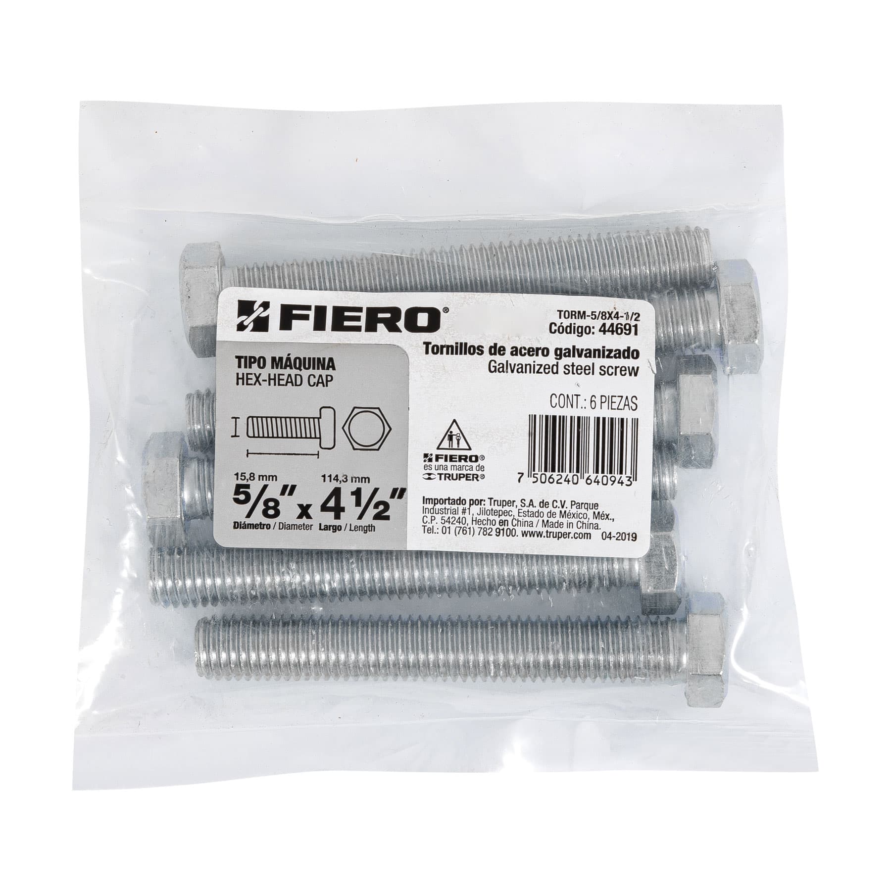 Fiero TORM-5/8X4-1/2 Bolsa con 6 tornillos 5/8' x 4-1/2' tipo máquina