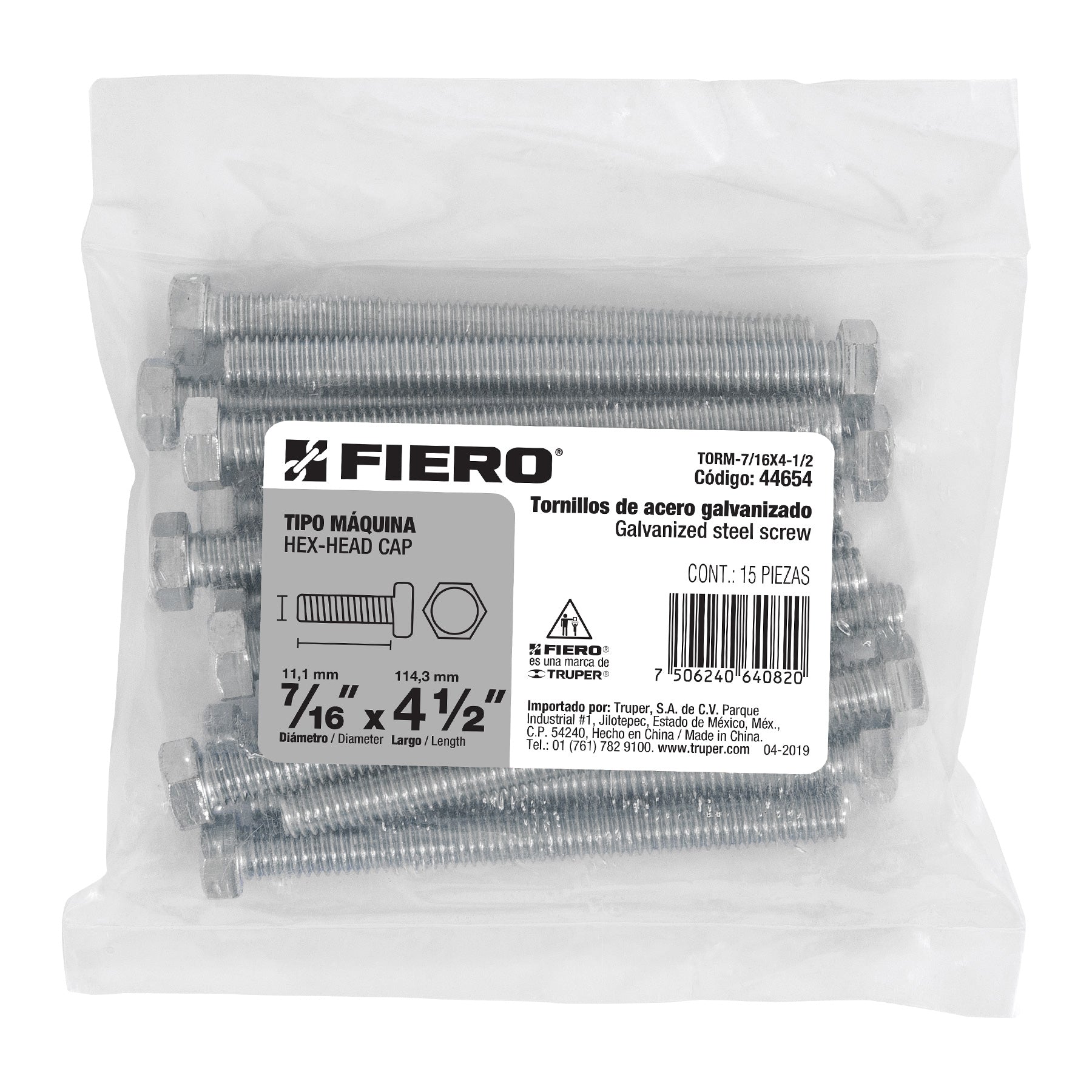 Fiero TORM-7/16X4-1/2 Bolsa con 15 tornillos 7/16' x 4-1/2' tipo máquina