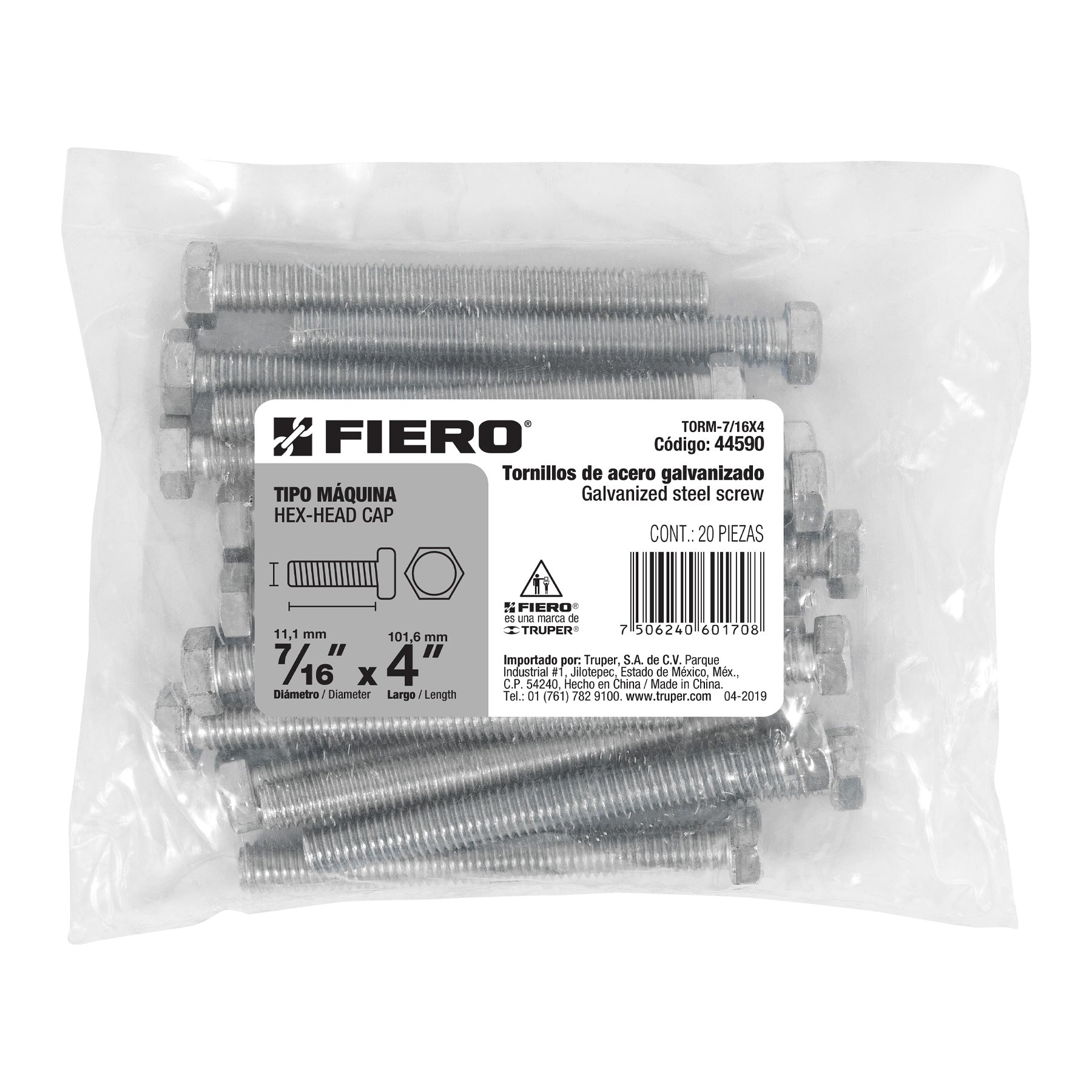 Fiero TORM-7/16X4 Bolsa con 20 tornillos 7/16' x 4' tipo máquina