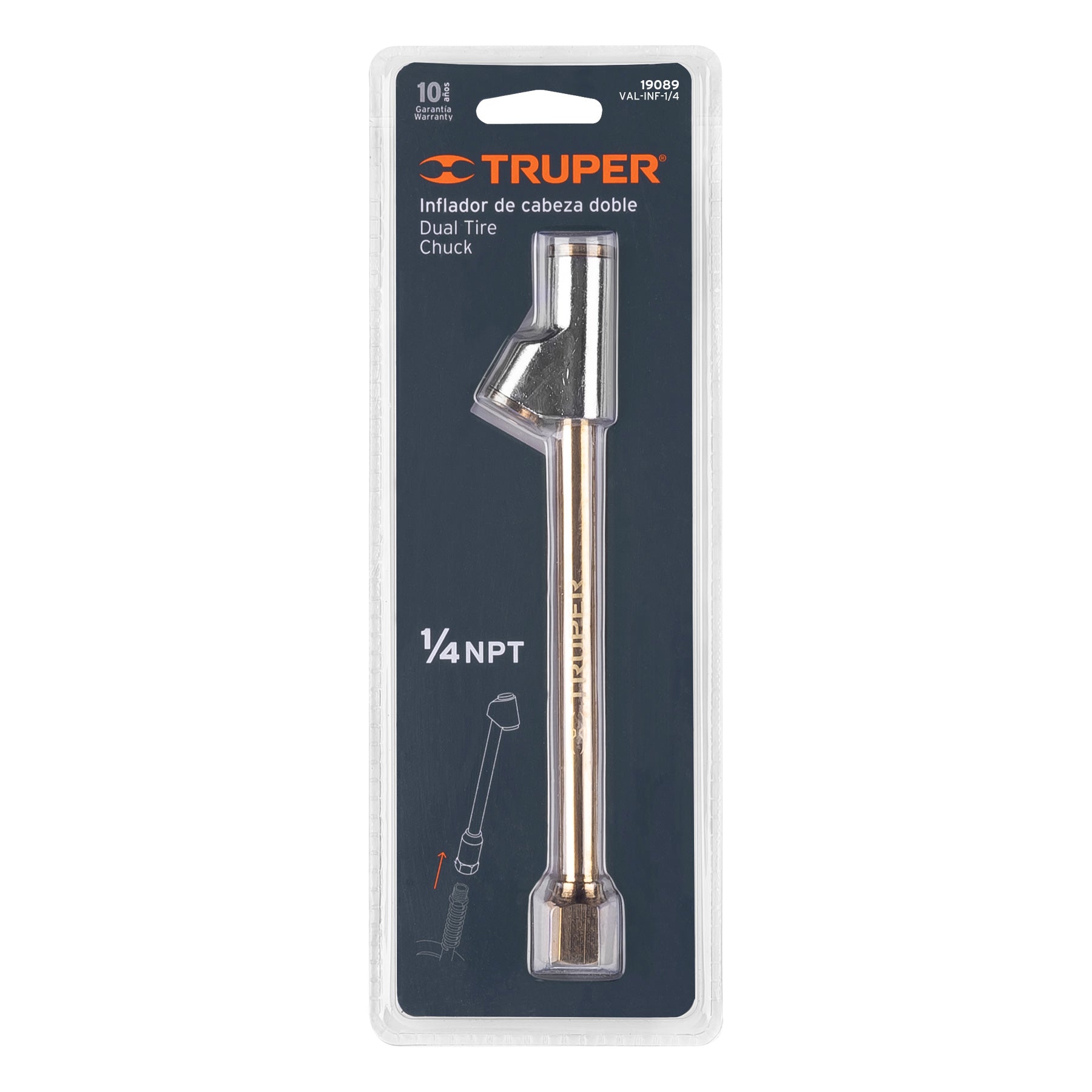 Truper VAL-INF-1/4 Inflador de cabeza doble, cuerda 1/4 NPT