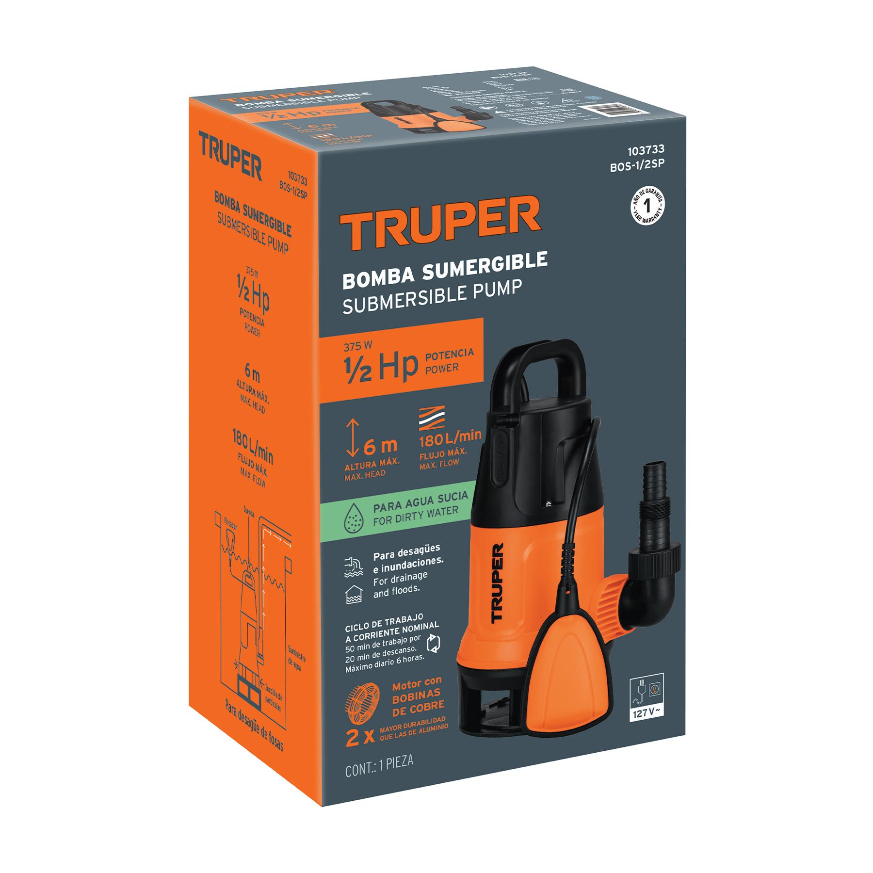 BOS-1/2SP Bomba sumergible plástica para agua sucia 1/2HP, Truper