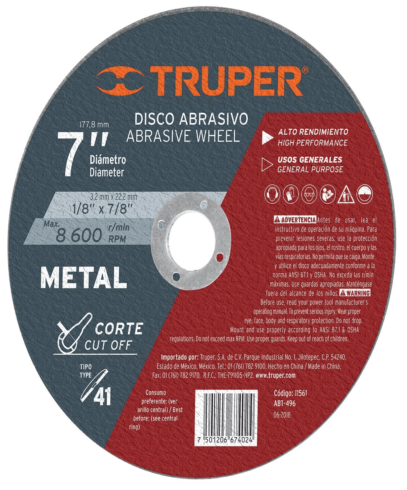 Expert ABT-496 Disco para corte de metal, tipo 41, diámetro 7'
