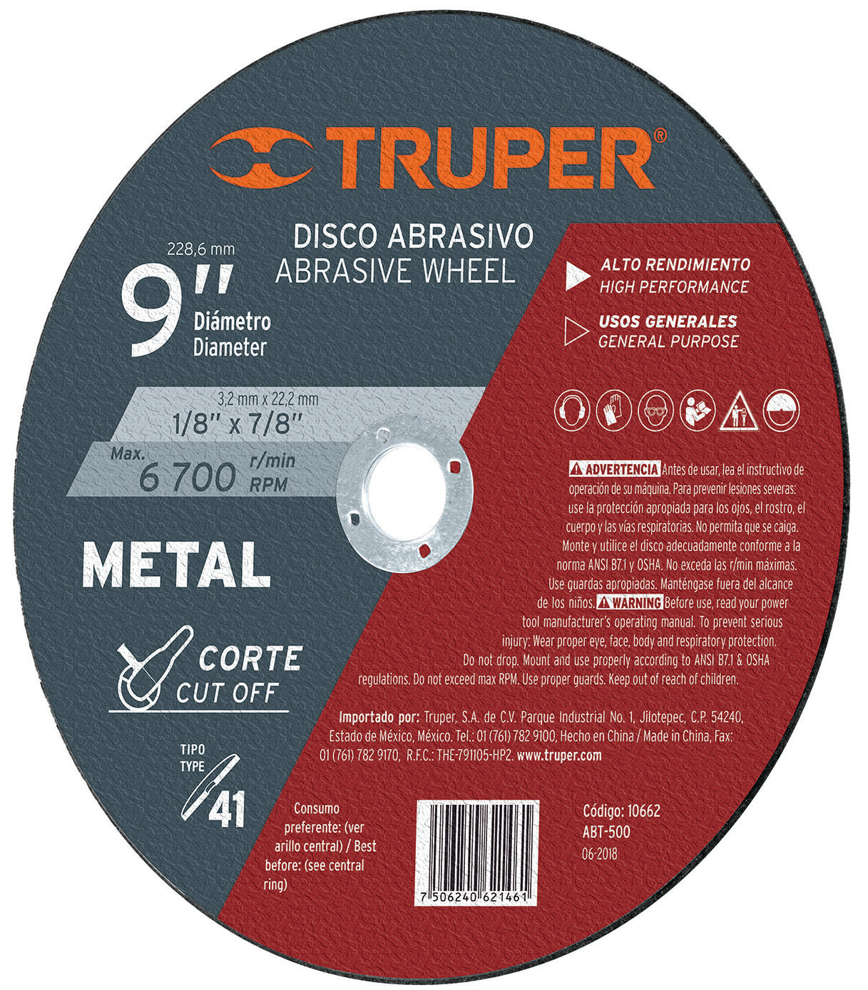 Expert ABT-500 Disco para corte de metal, tipo 41, diámetro 9'