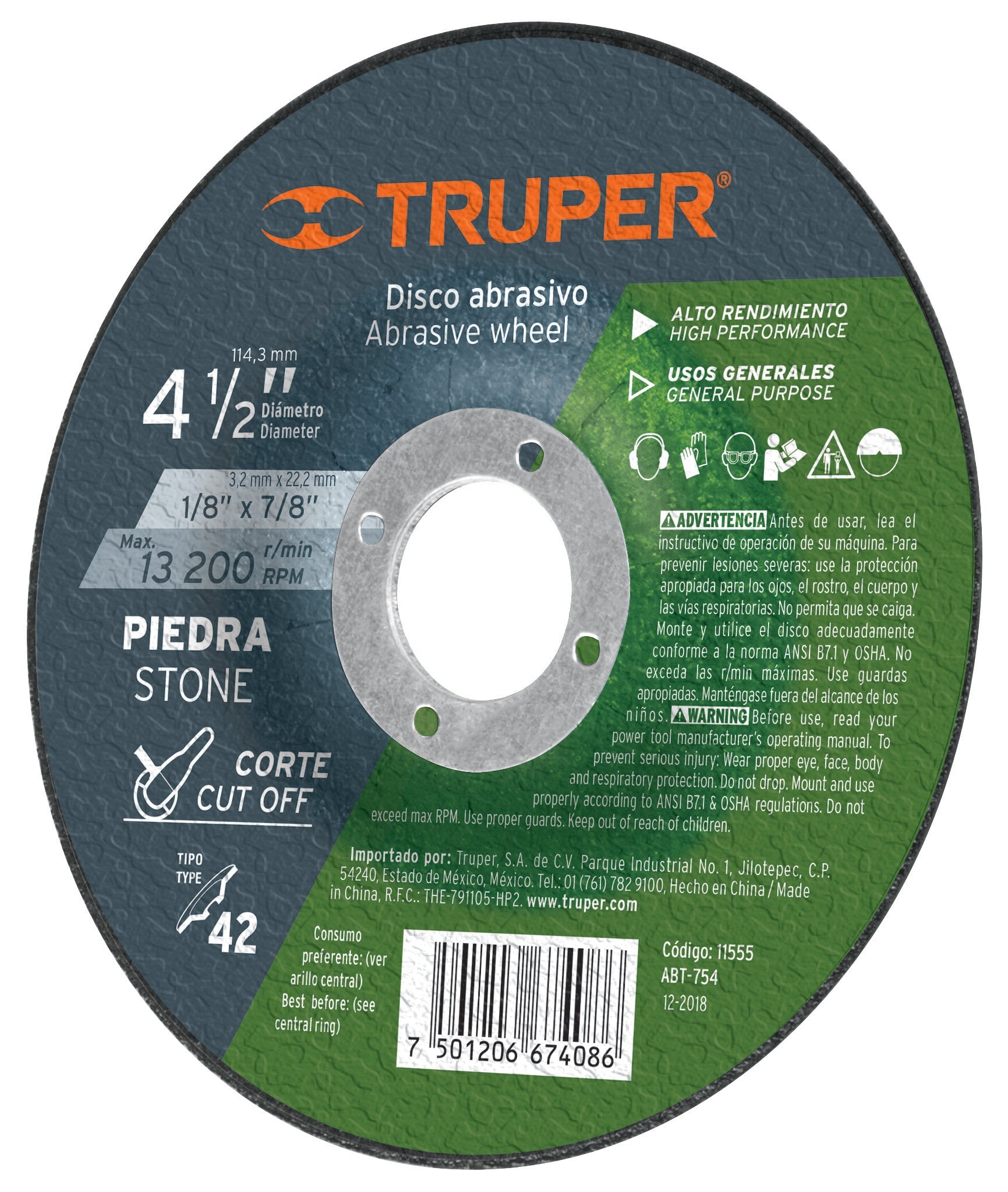 Truper ABT-754 Disco para corte de piedra, tipo 42, diámetro 4-1/2'