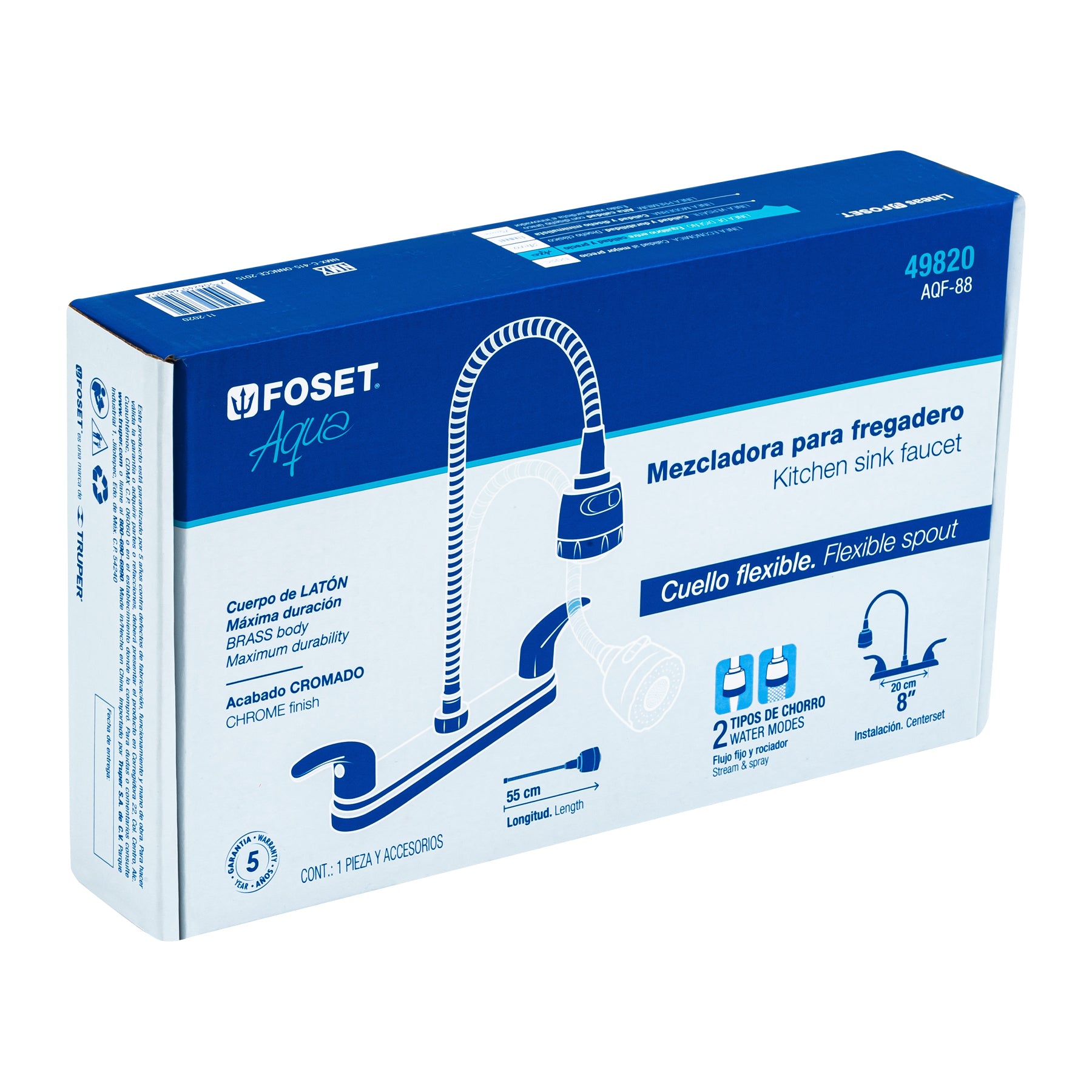 Foset AQF-88 Mezcladora inox 8' p/fregadero, flexible, palanca, Aqua