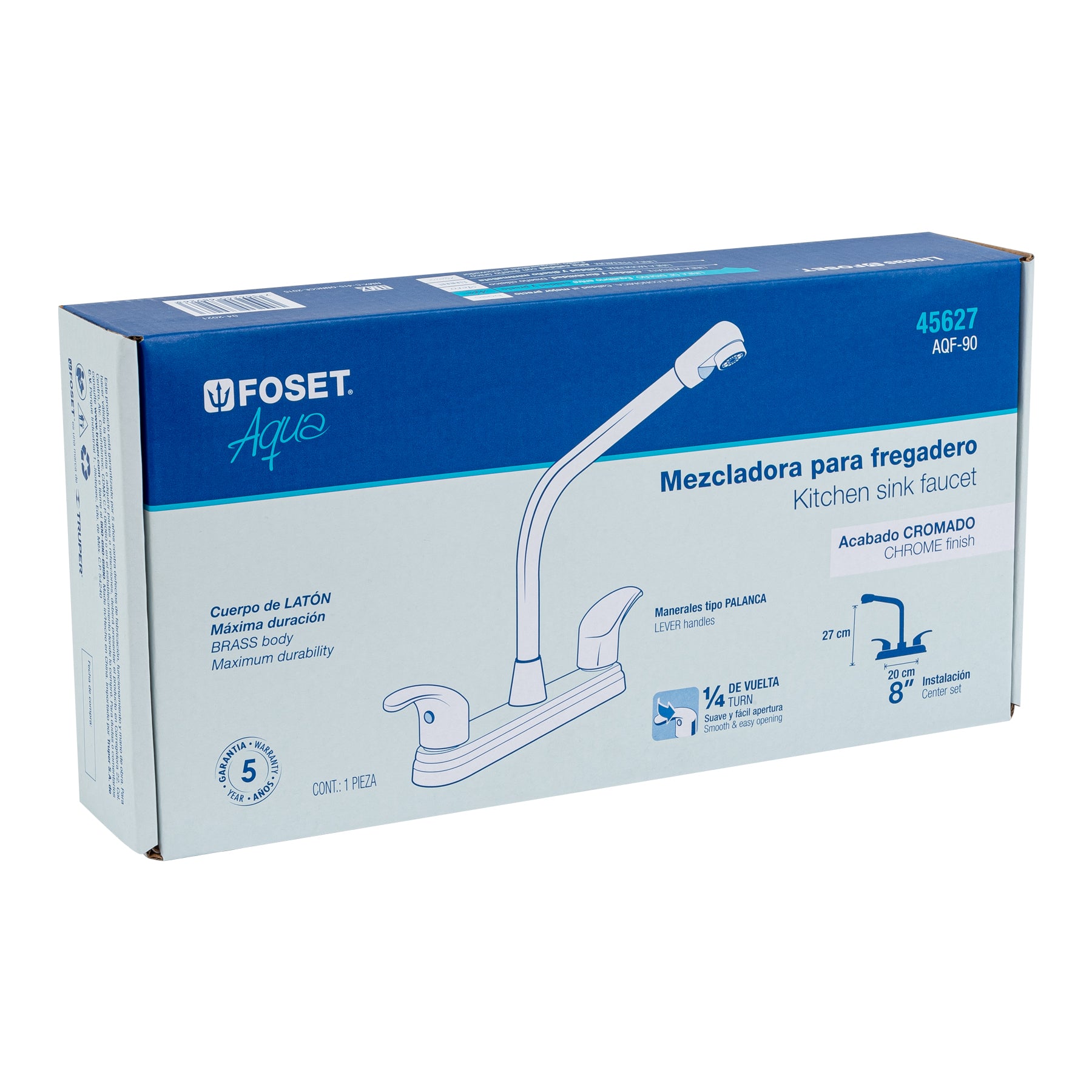 Foset AQF-90 Mezcladora inox 8' p/fregadero, cuello cobra, palanca, Aqua