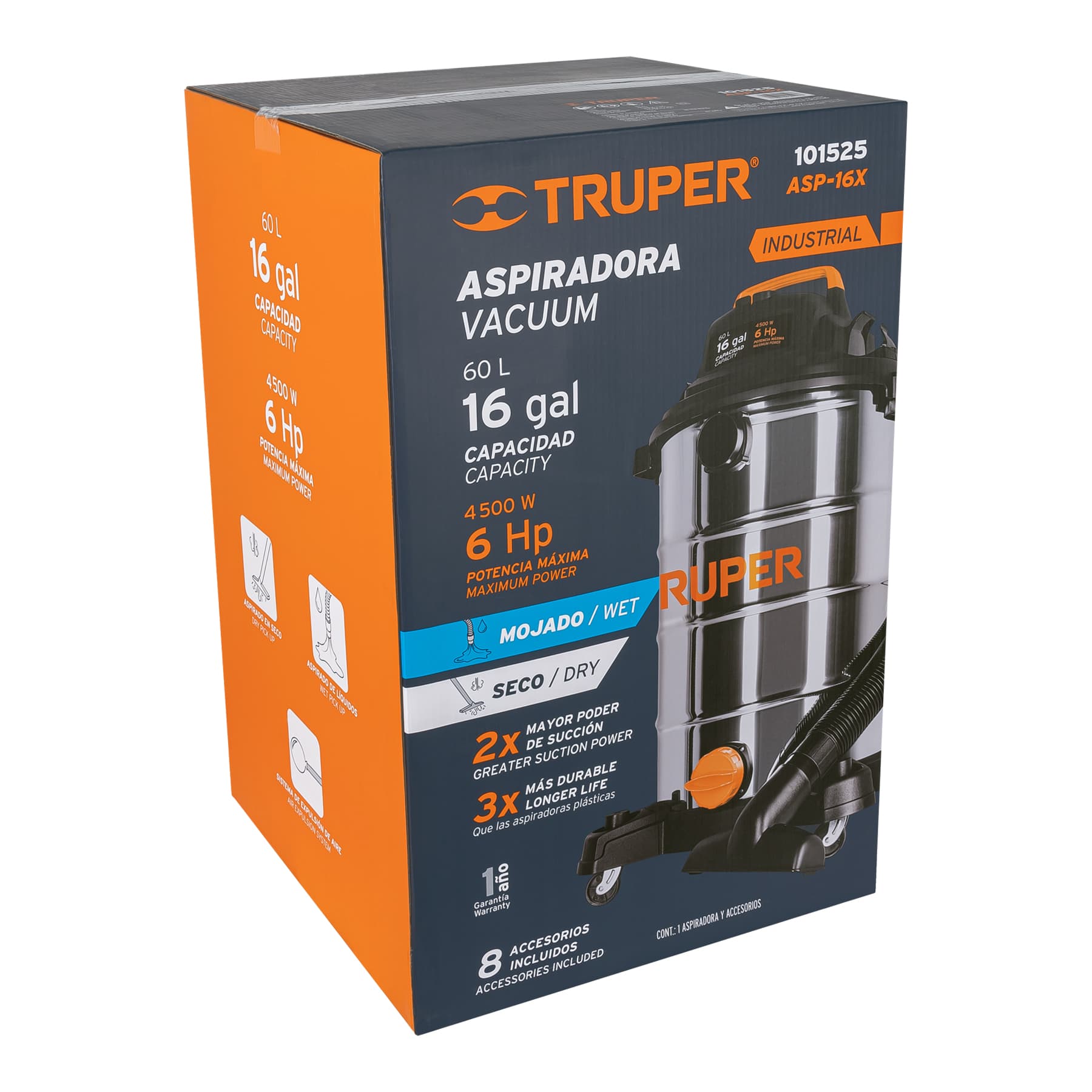 Truper ASP-16X Aspiradora de 16gal en acero inox, sólidos-líquidos