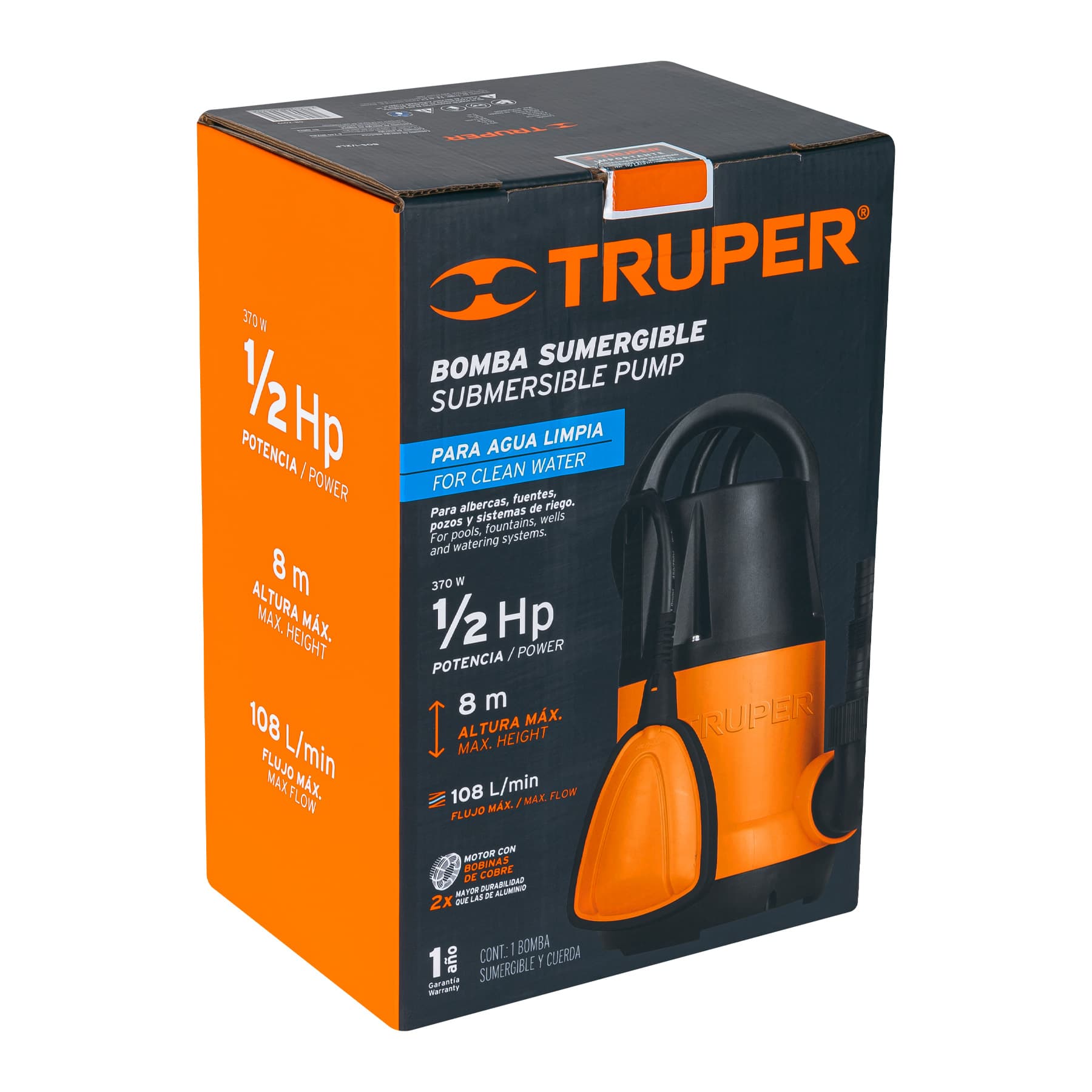 Truper BOS-1/2LP Bomba sumergible plastica para agua limpia 1/2 HP