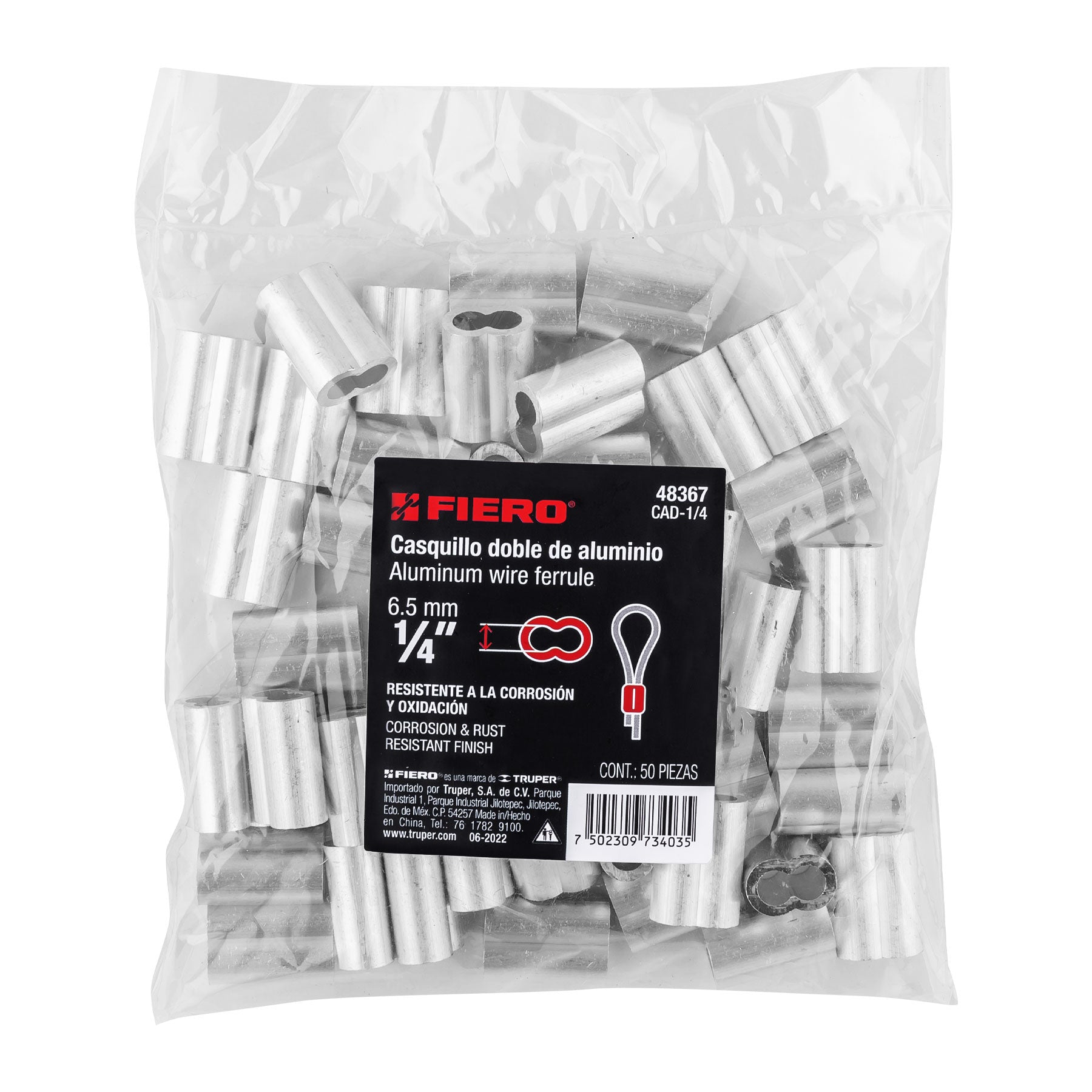 Fiero CAD-1/4 Bolsa con 50 casquillos dobles de aluminio, 1/4', Fiero