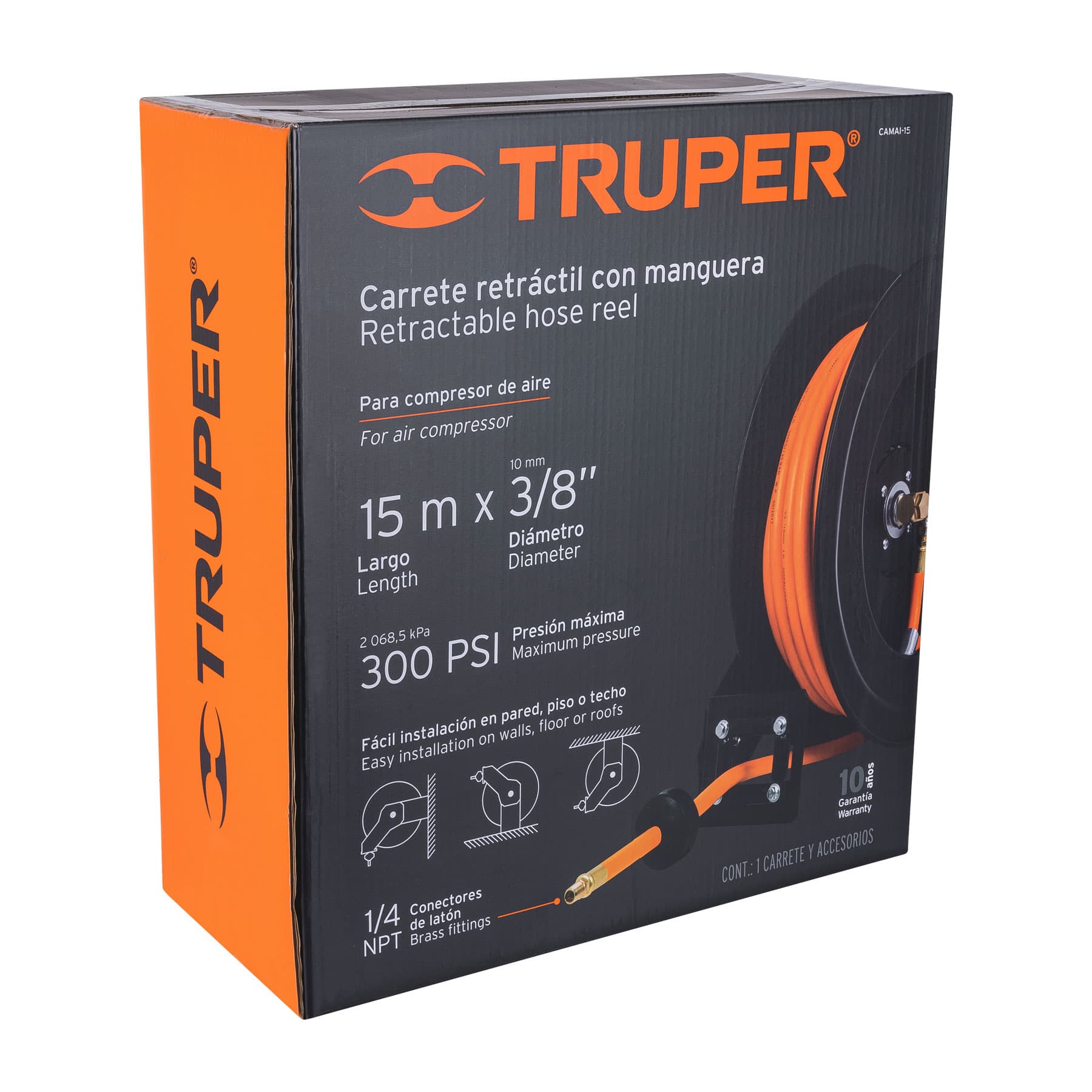 Truper CAMAI-15 Manguera de hule de 3/8', 15 m con carrete retráctil