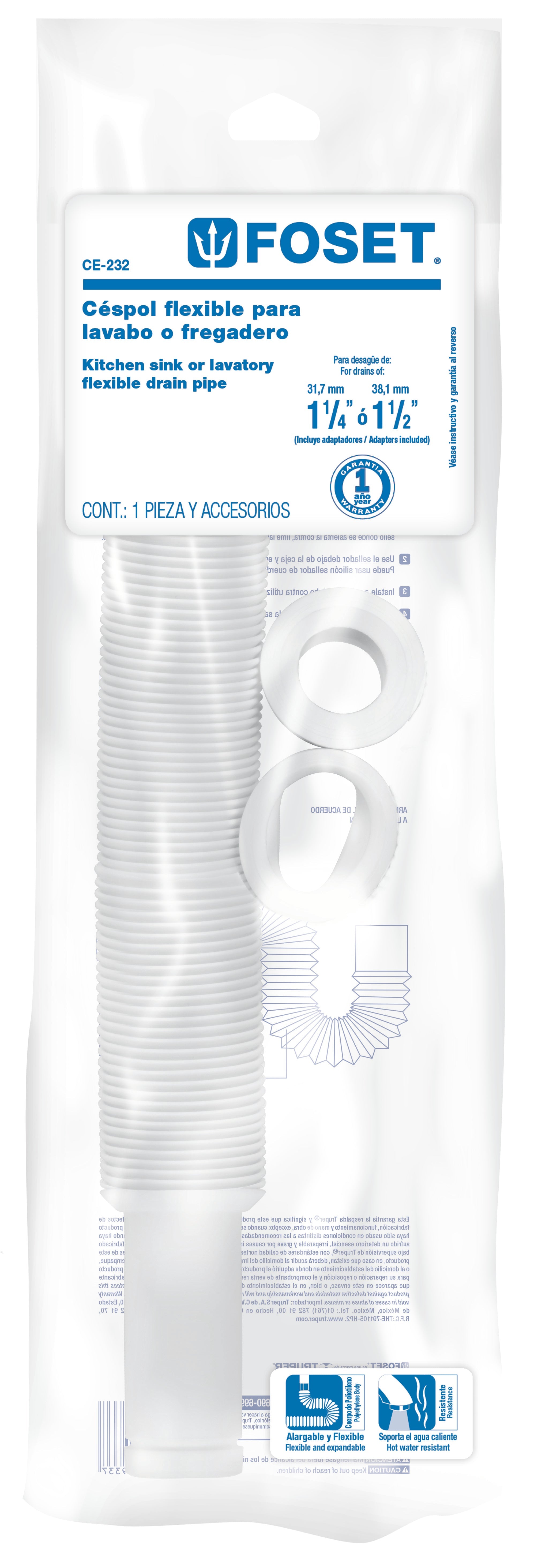 Foset CE-232 Céspol flexible p/lavabo y fregadero, polipropileno, blanco