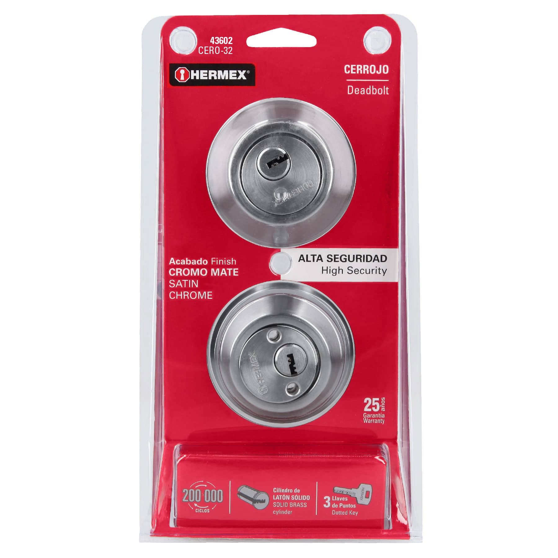 Hermex CERO-32 Cerrojo cromo mate, llave-llave