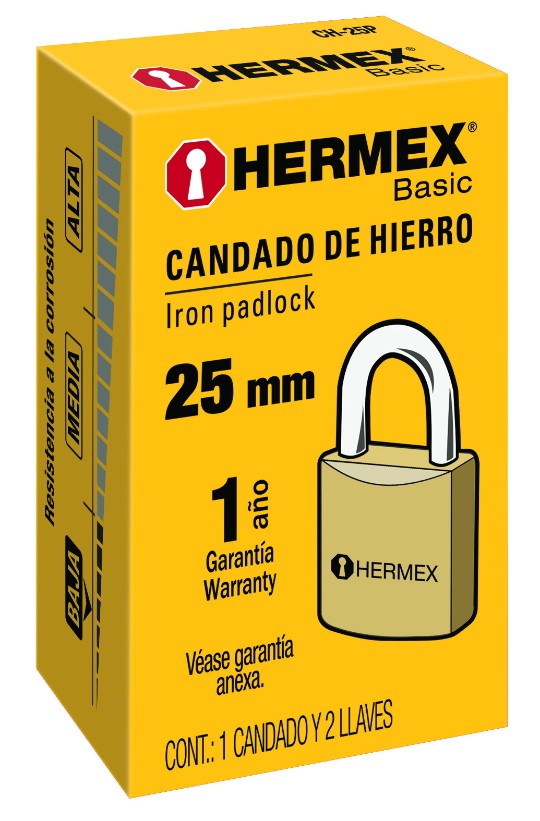 Hermex CH-25P Candado de hierro, color laton, 25mm, corto, caja, Basic
