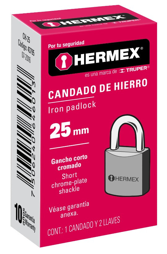Hermex CH-25 Candado de hierro, 25mm, gancho corto, caja