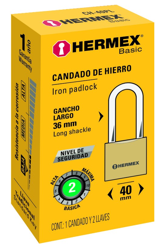 Hermex CH-40PL Candado de hierro, color laton, 40mm, largo, caja, Basic