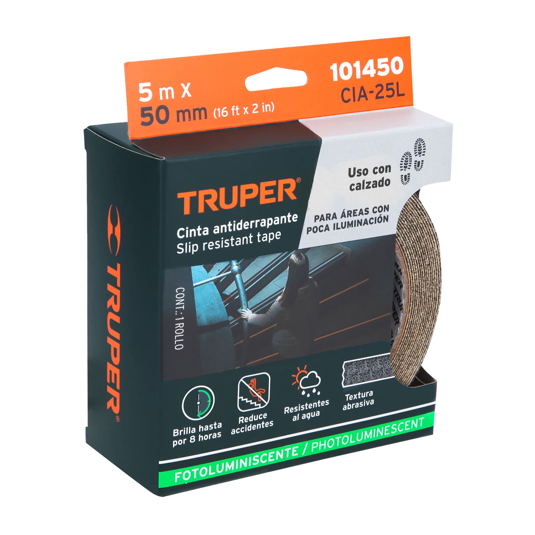 Truper CIA-25L Rollo de 5 m cinta antiderrapante fotolumini. 50 mm abrasivo