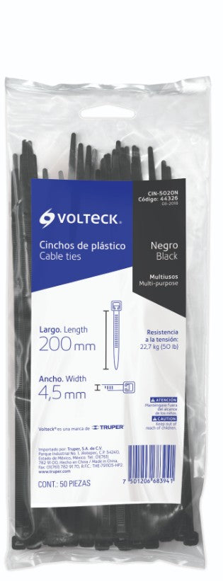 Volteck CIN-5020N Cincho plástico, 50 lb, 200 x 4.5 mm, negro, 50 pzas