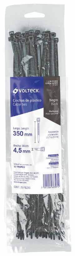Volteck CIN-5035N Cincho plástico, 50 lb, 350 x 4.5 mm, negro, 25 pzas