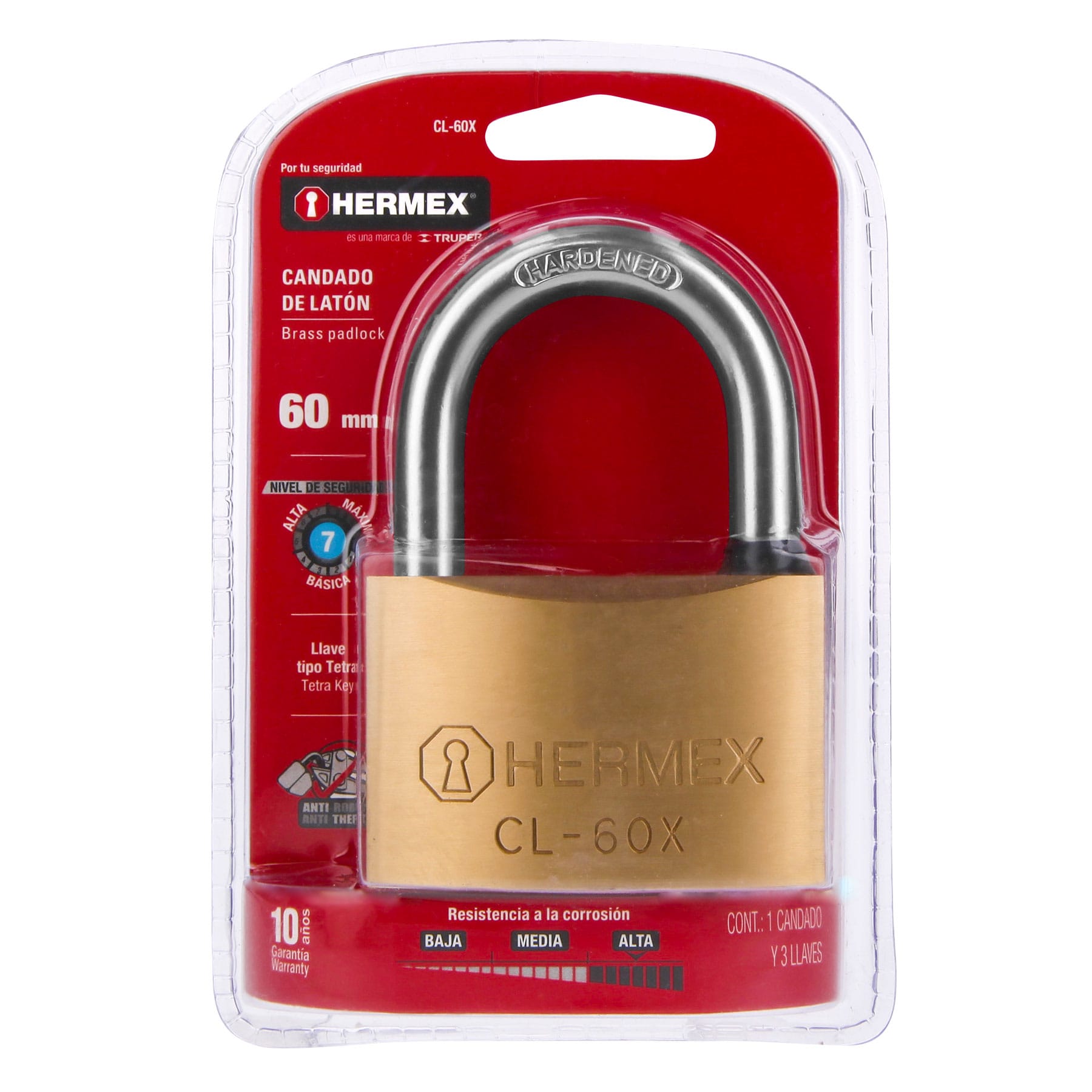 Hermex CL-60X Candado de latón, 60mm, gancho corto, llave tetra, blíster