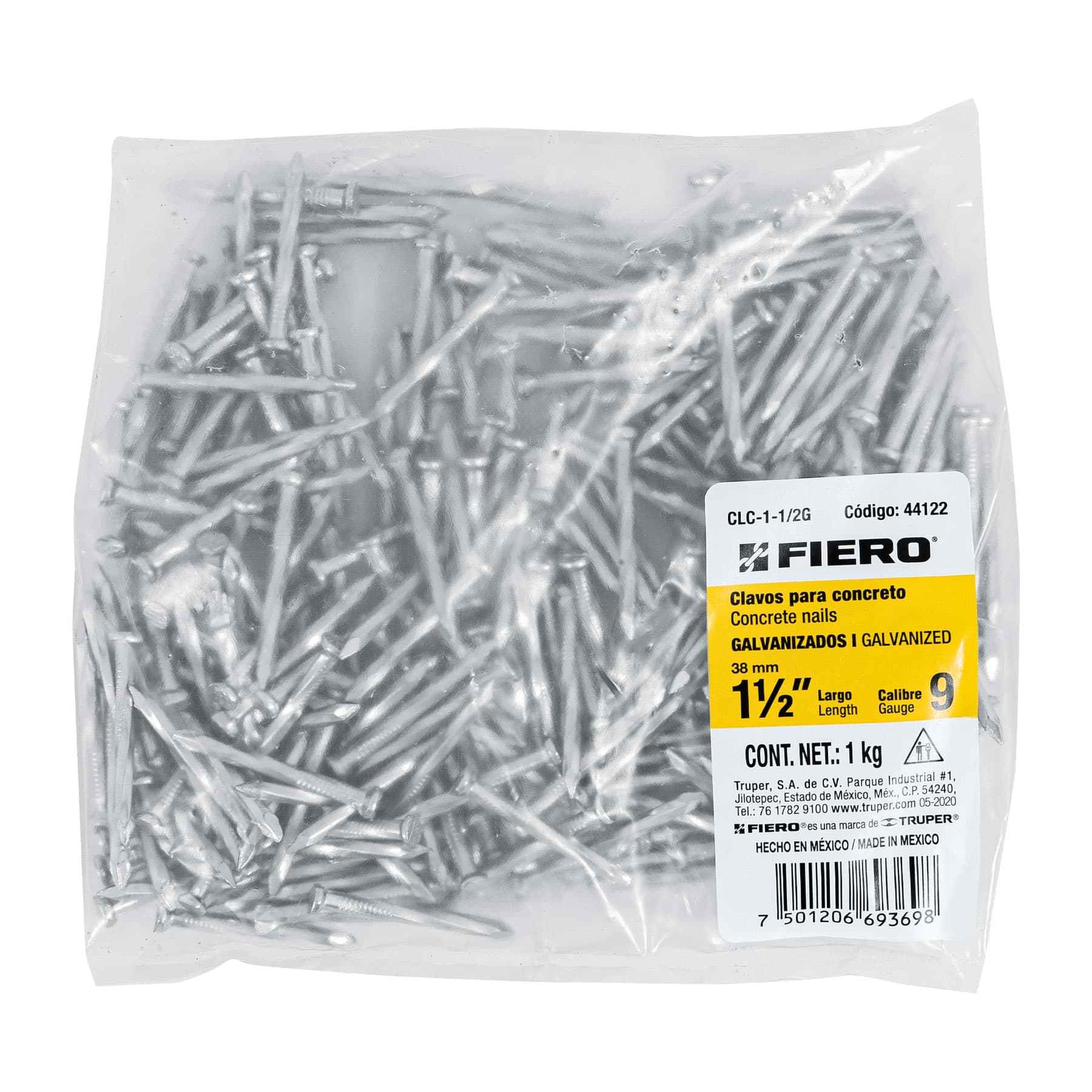 Fiero CLC-1-1/2G Bolsa con 1 kg de clavos para concreto galvanizados 1-1/2'