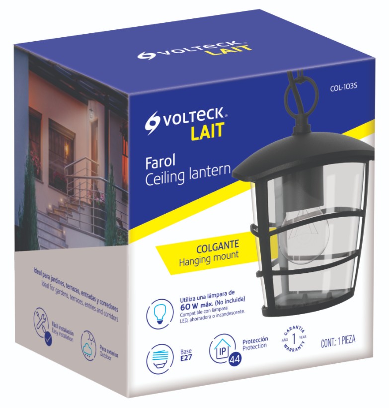 Volteck COL-103S Arbotante farol colgante, diseño moderno,lámpara no incluida