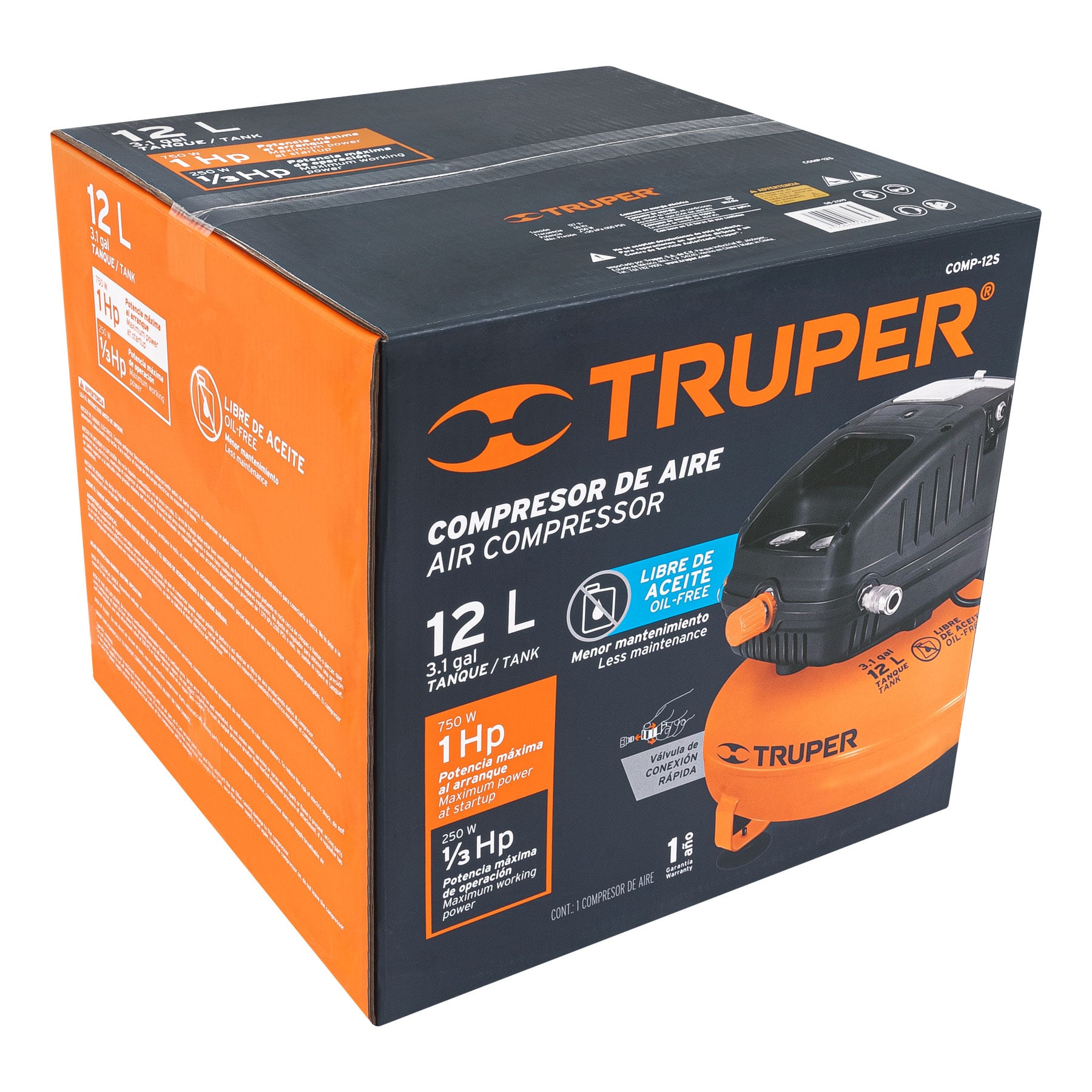 Truper COMP-12S Compresor de aire libre de aceite, 12 L, 1 HP (potencia máx)