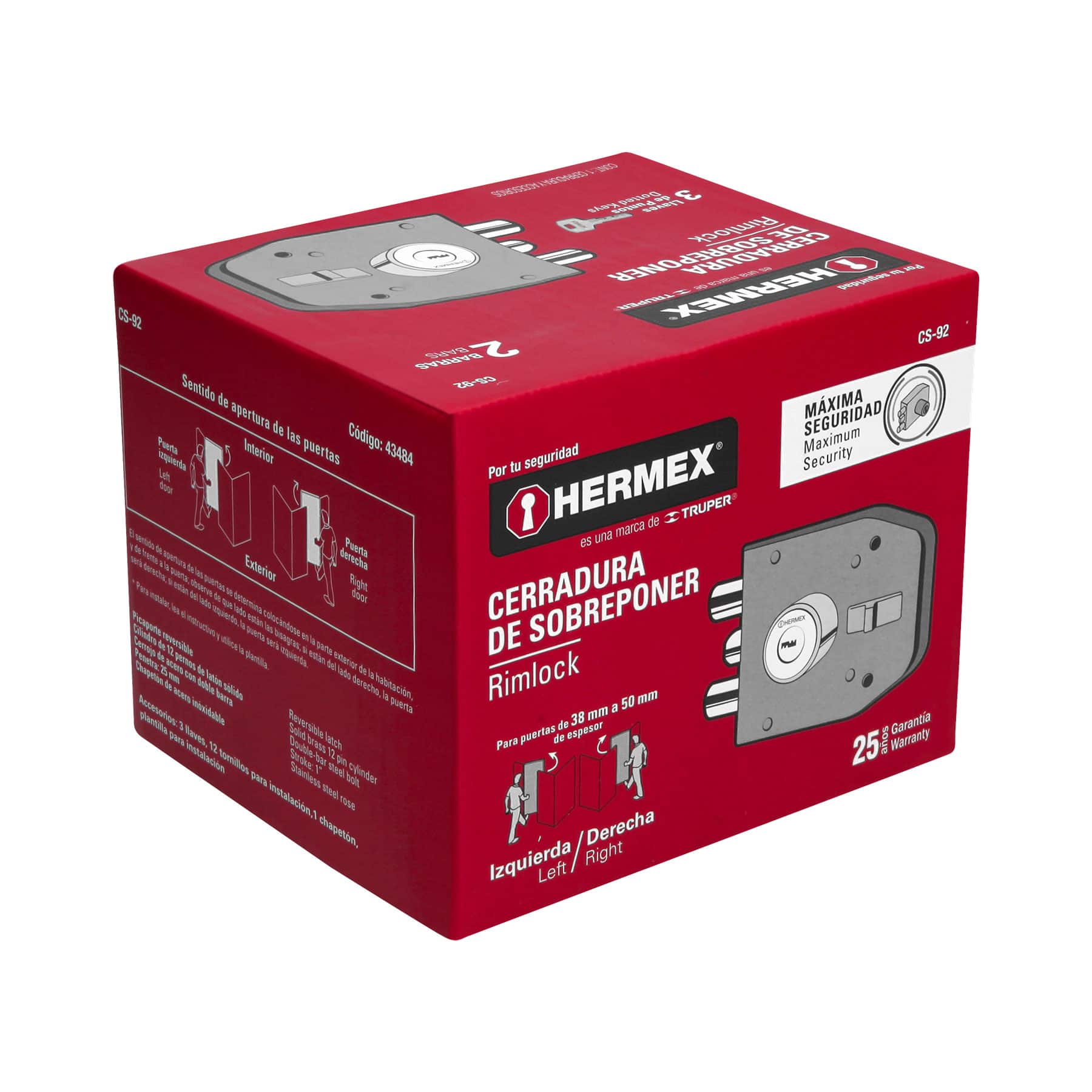 Hermex CS-92 Cerradura de sobreponer, 2 barras