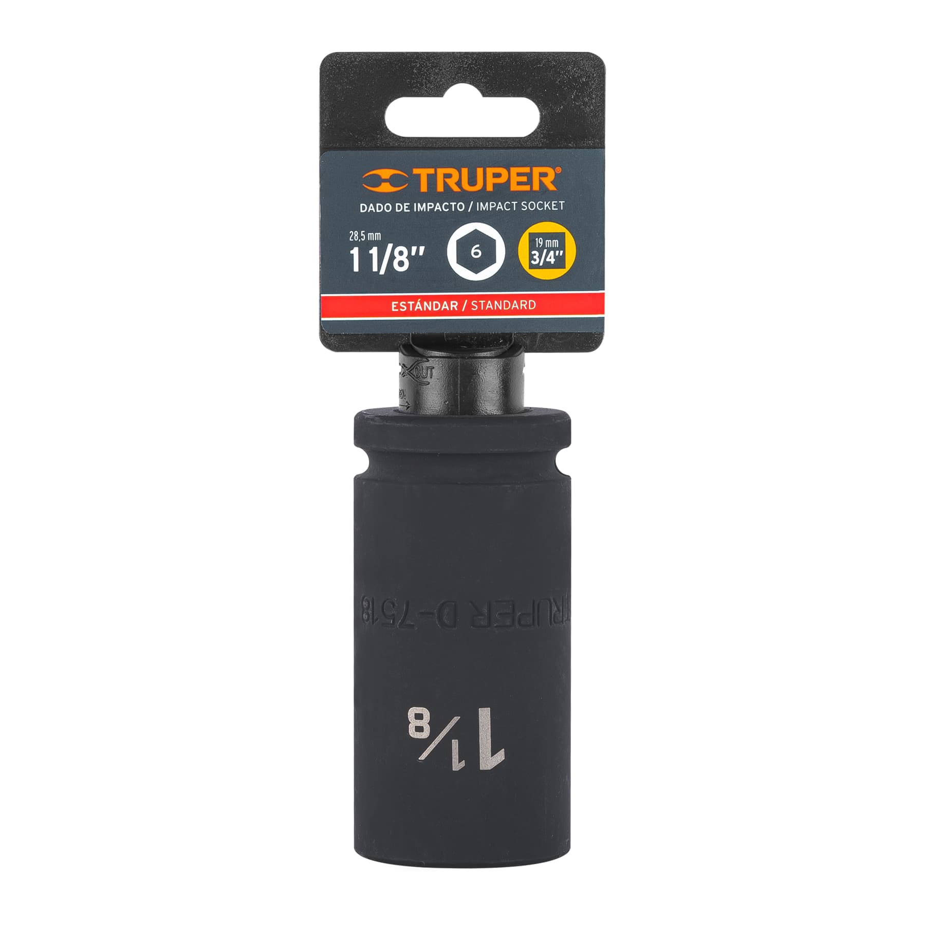 Truper D-7518-L Dado largo de impacto de 1-1/8', 6 puntas, cuadro 3/4'
