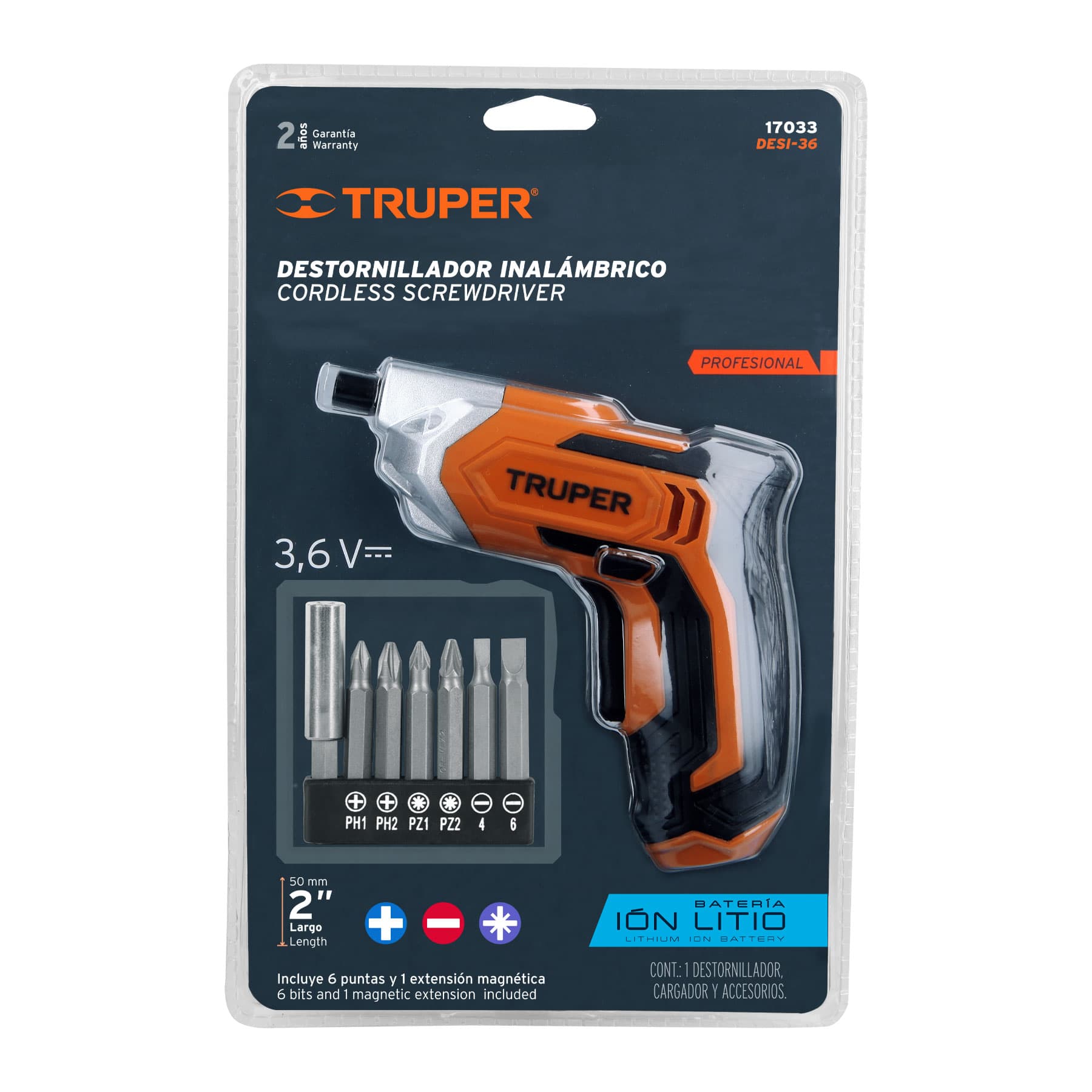Truper DESI-36 Destornillador inalámbrico, batería ion litio 3.6 V