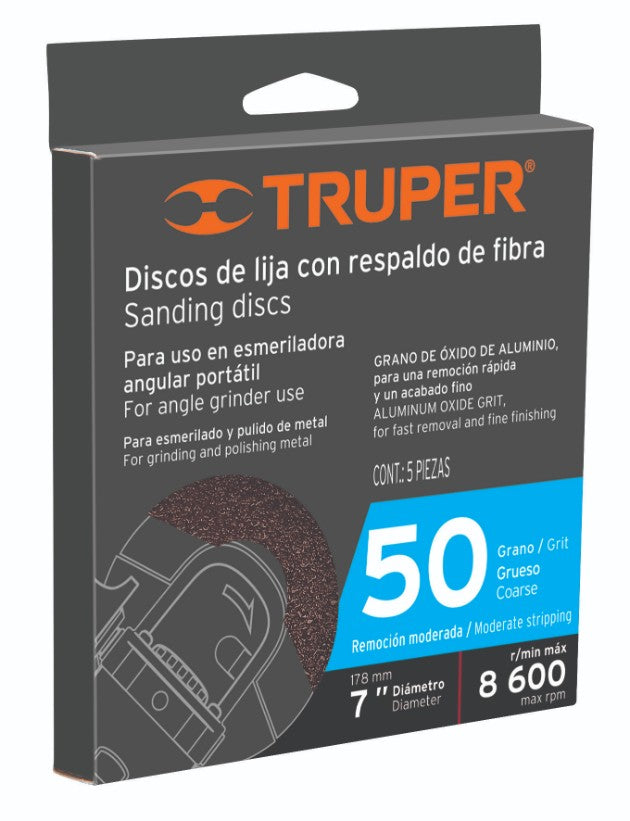 Truper DILF-724 Disco de lija de 7' con respaldo de fibra, grano 24