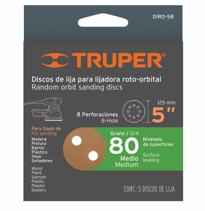 Truper DIRO-58 5 Discos de lija 5' roto-orbital grano 80, 8 perforaciones