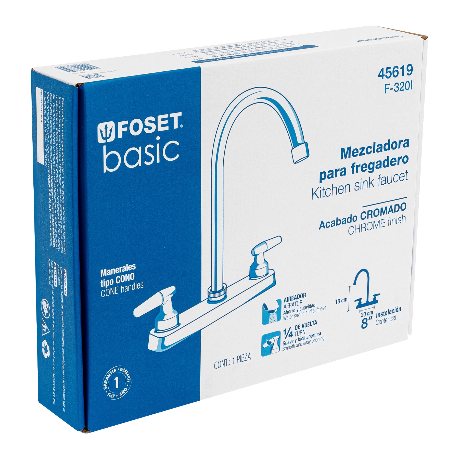 Foset F-320I Mezcladora 8' p/fregadero, cuello curvo, manerales cono